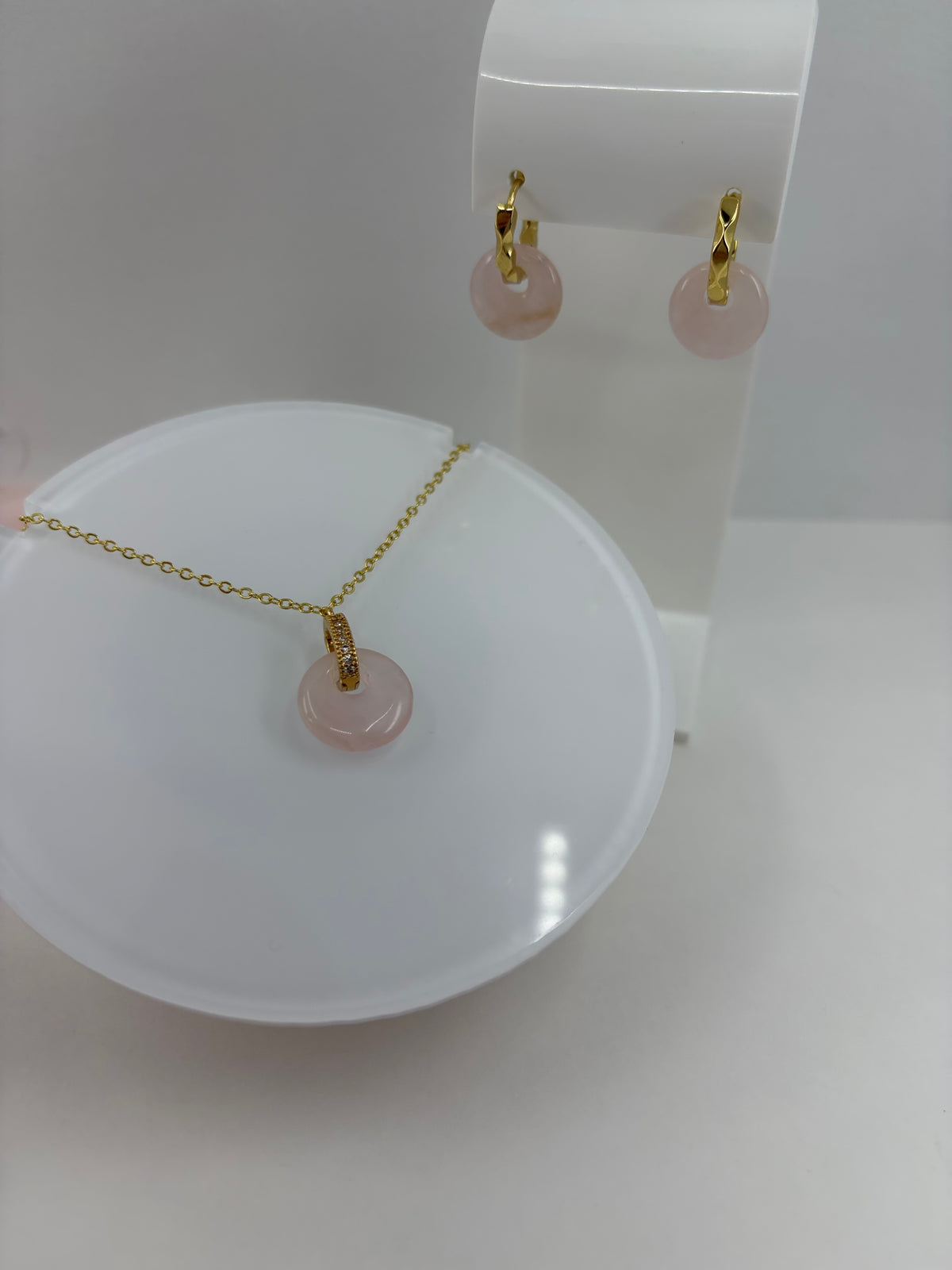 Rose Quartz Donut Earrings and Necklace,18K Gold Plated