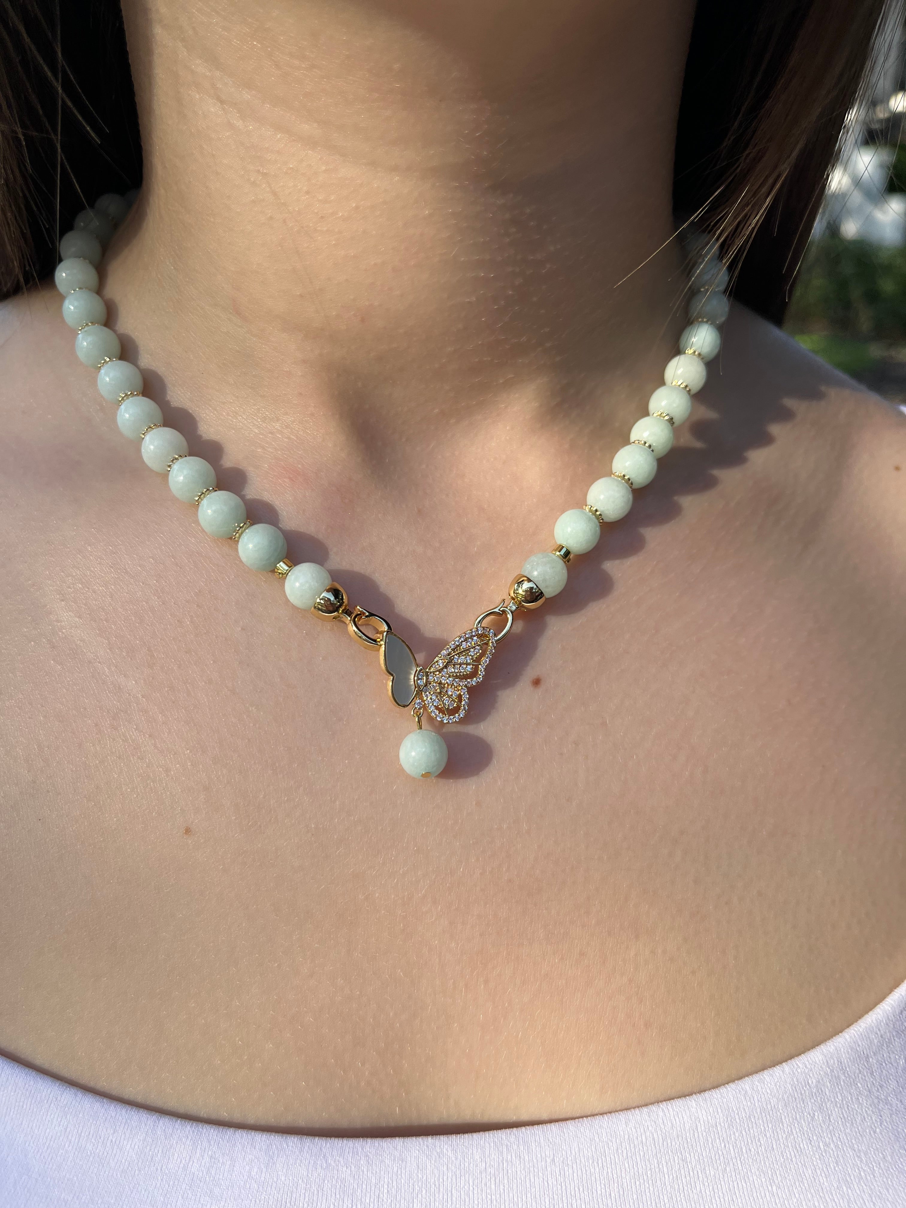 Natural Malaysia Jade Necklace with 18K Gold Butterfly Clasp