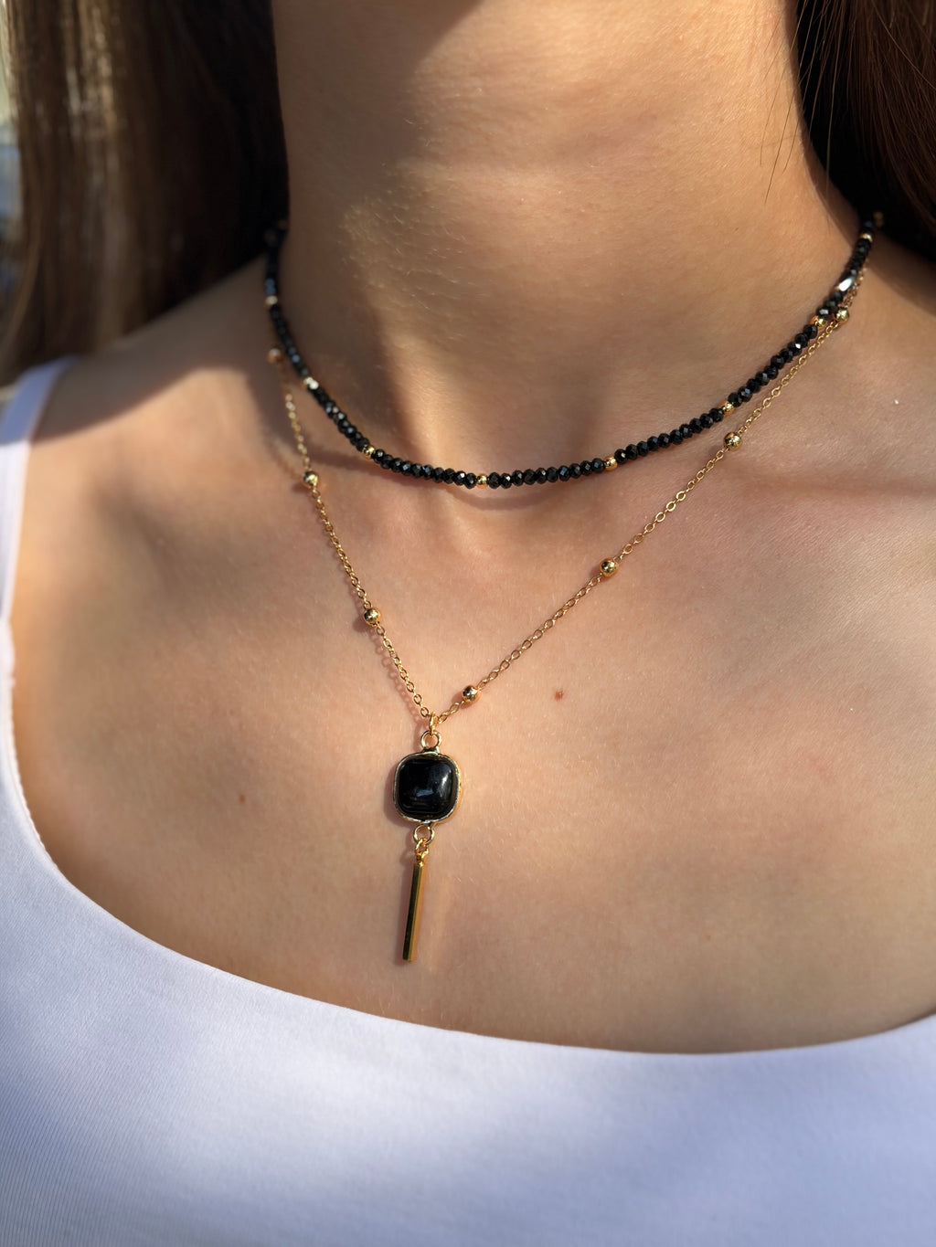 Layered Spinel necklace with onyx pendant