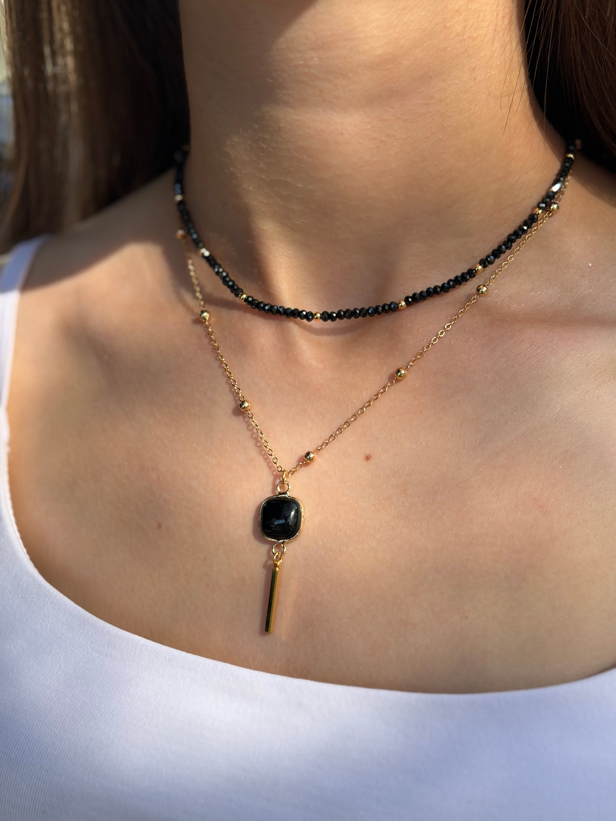 Layered Spinel necklace with onyx pendant