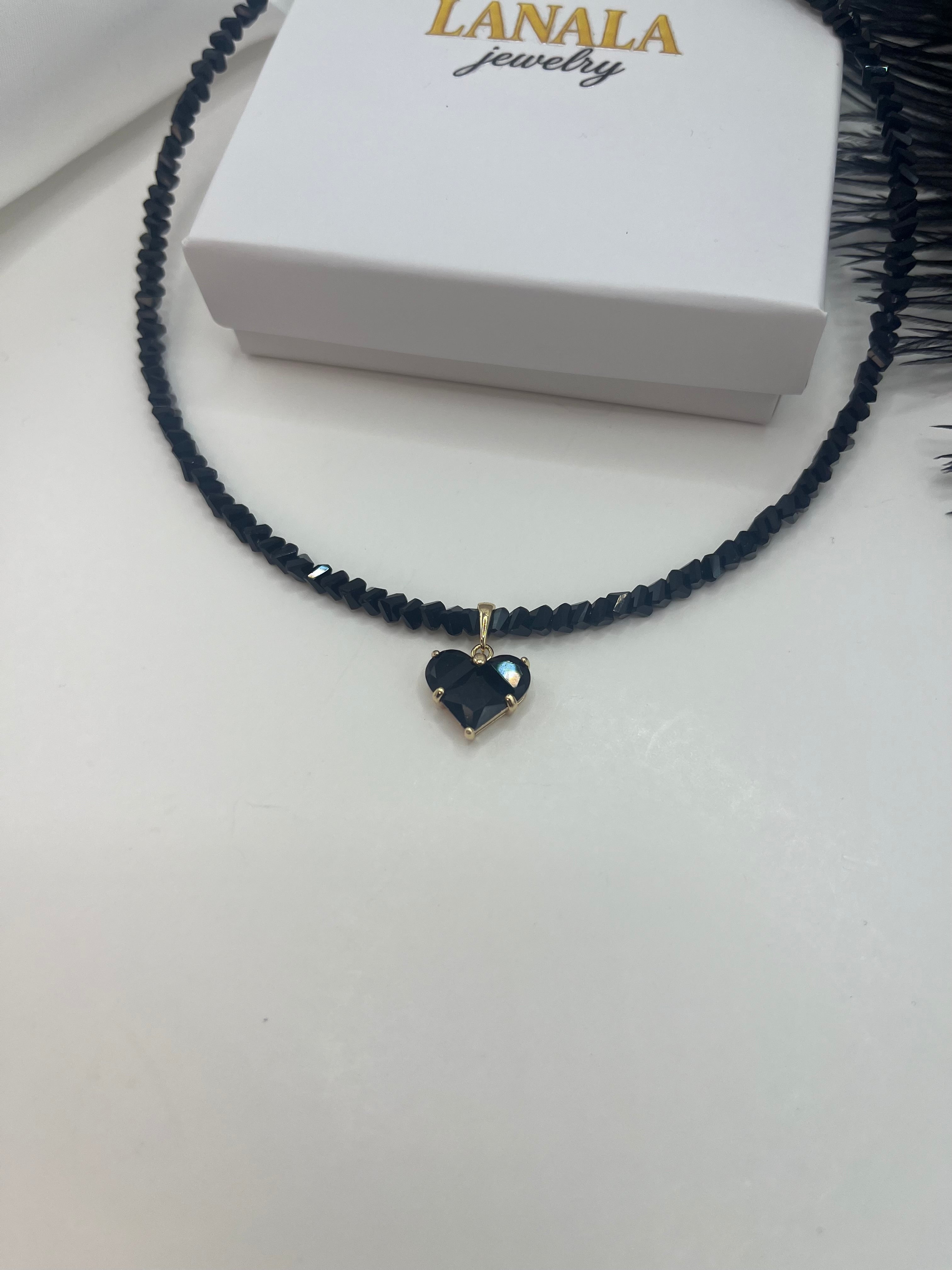 Heart Black Crystal Choker Necklace – 18K Gold Plated, Cubic Zirconia, Nickel Free