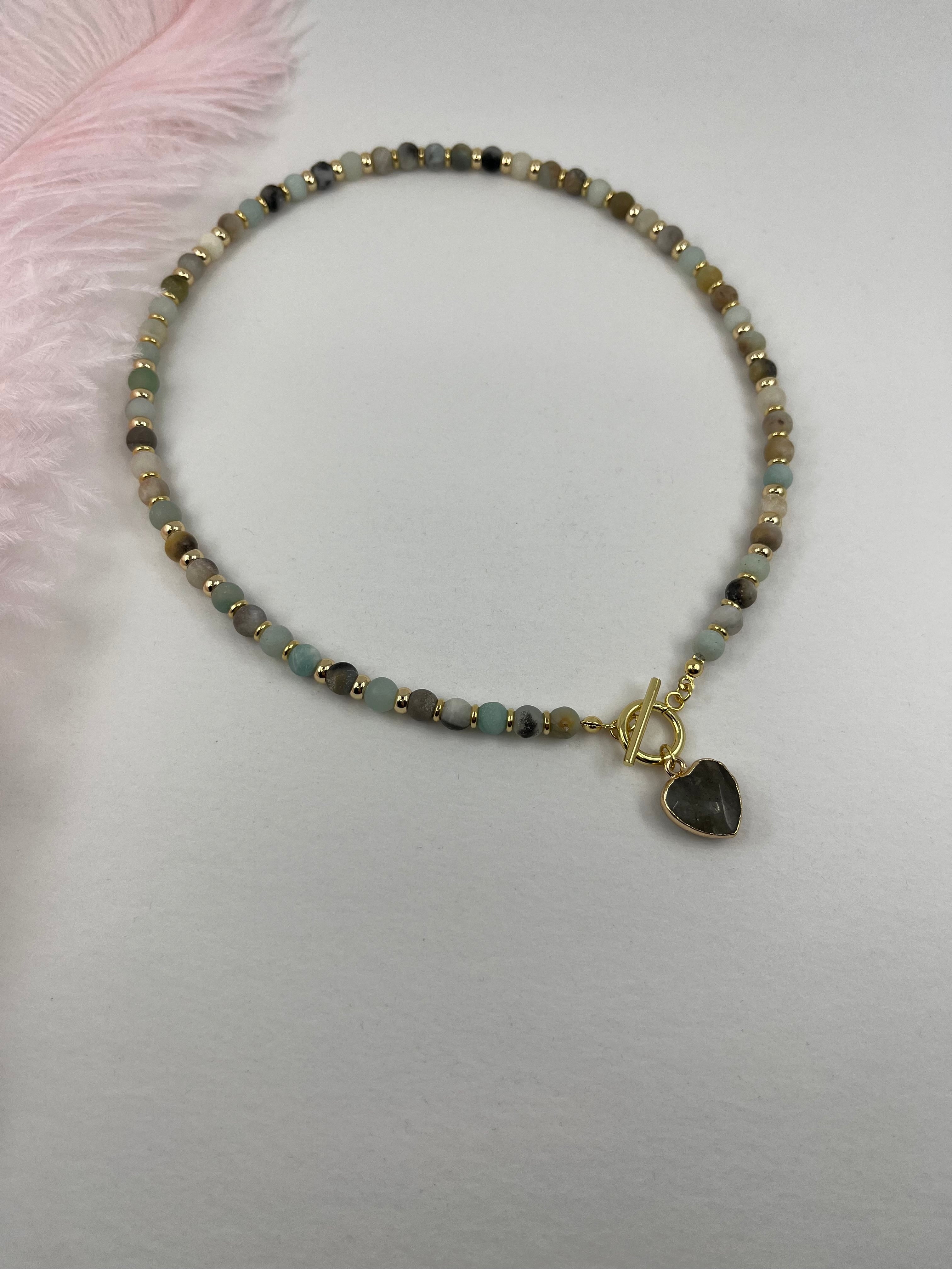 Natural Amazonite Heart Necklace, 18k gold plated clasp