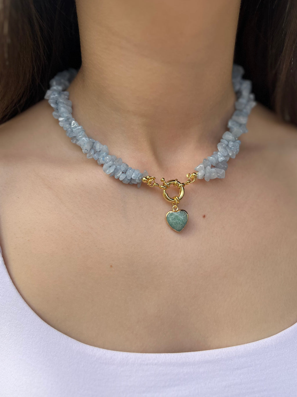 Natural Aquamarine Necklace with Amazonite heart pendant