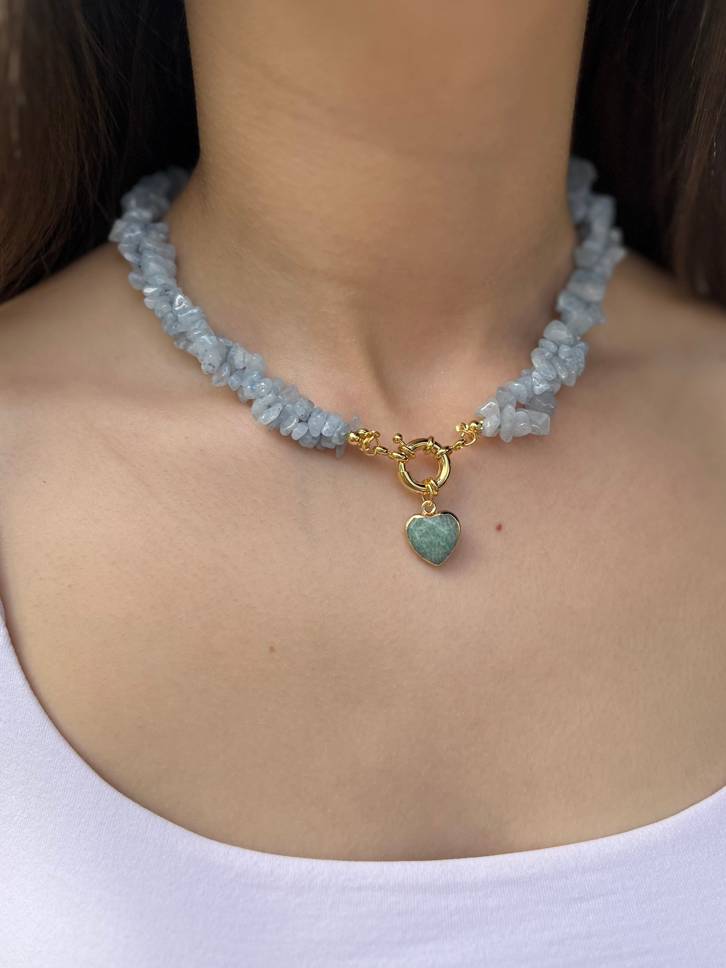 Natural Aquamarine Necklace with Amazonite heart pendant