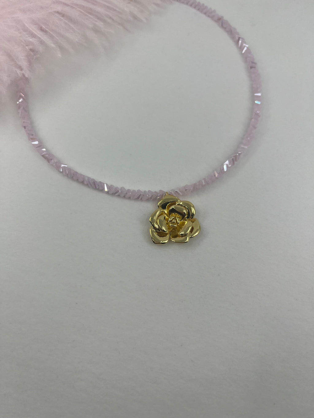 Crystal Pink Glass Bead Choker: 18K Gold Rose Pendant