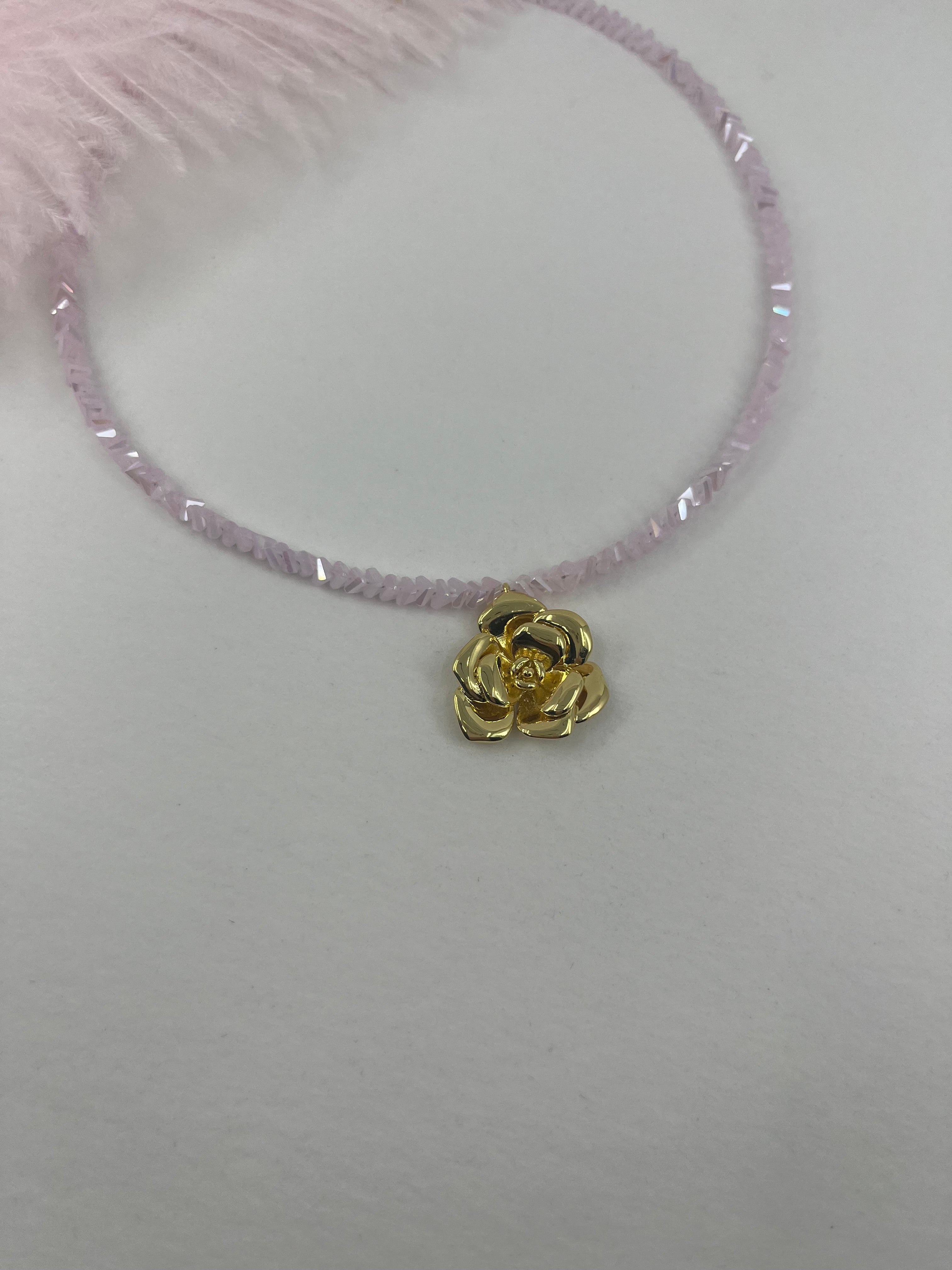 Crystal Pink Glass Bead Choker: 18K Gold Rose Pendant