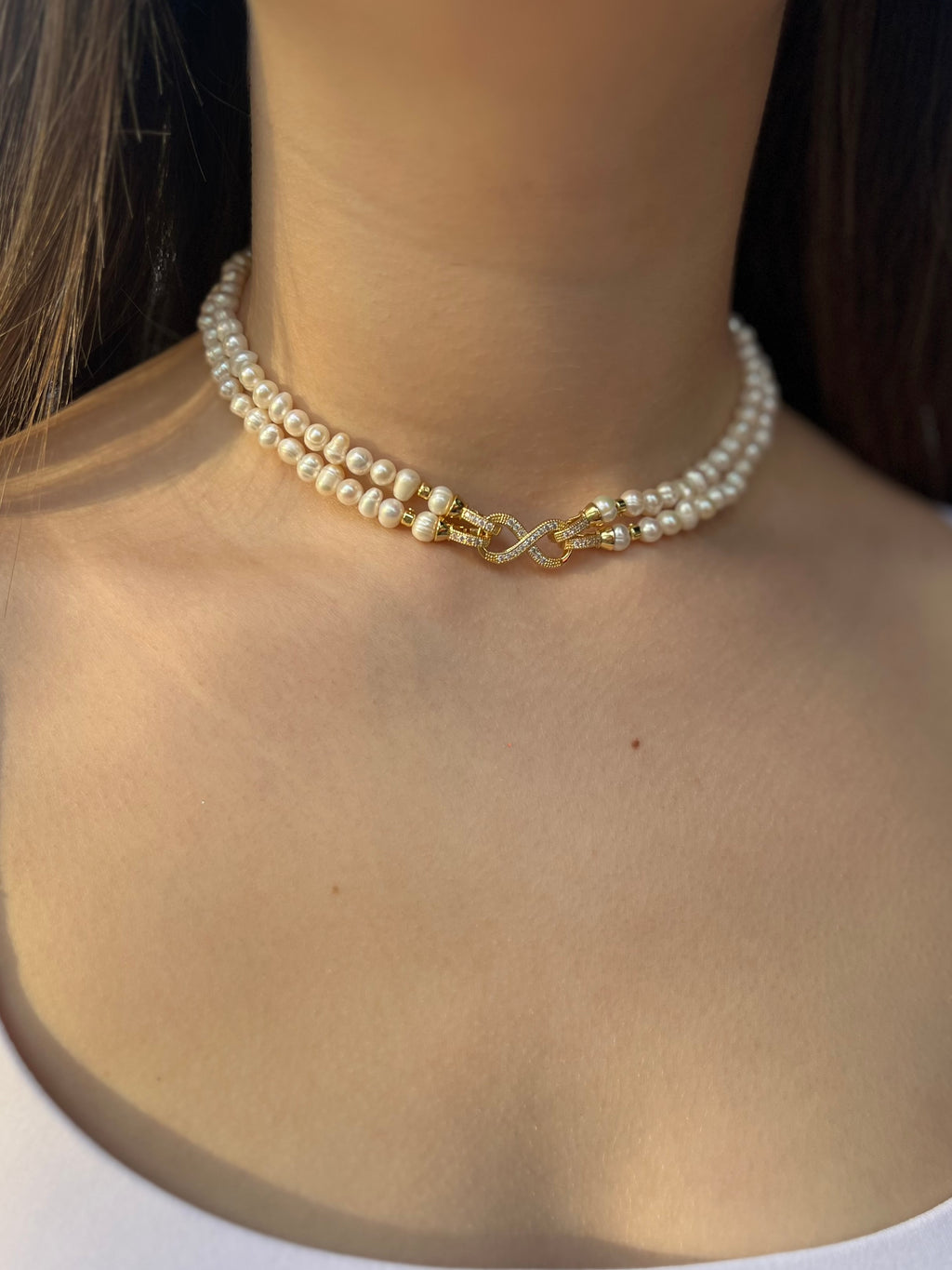 Pearl Choker Necklace : 18K Gold Plated Zirconia Clasp