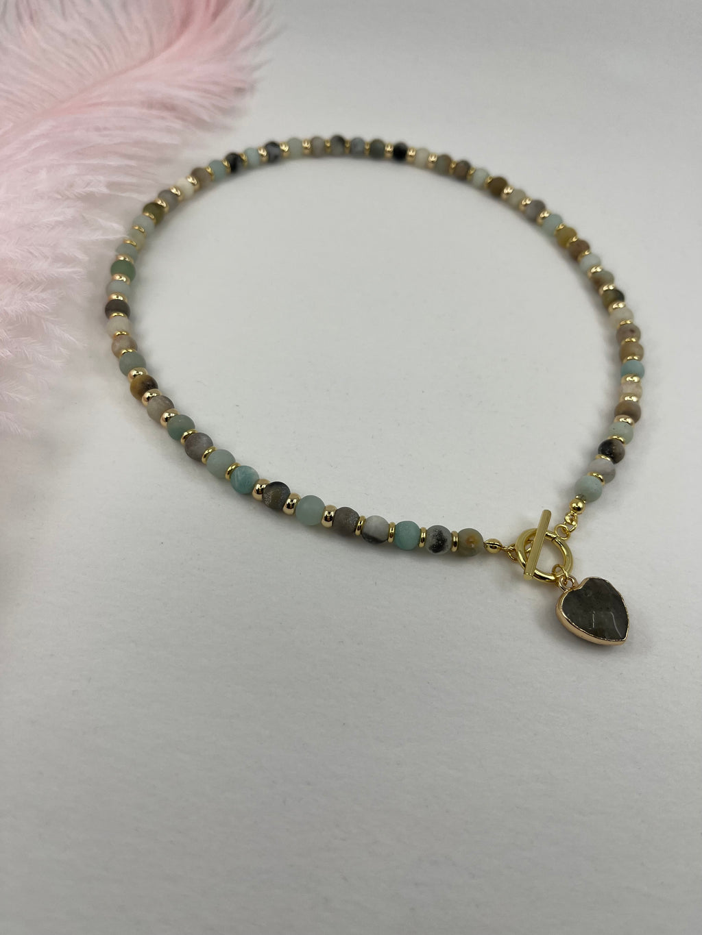Natural Amazonite Heart Necklace, 18k gold plated clasp