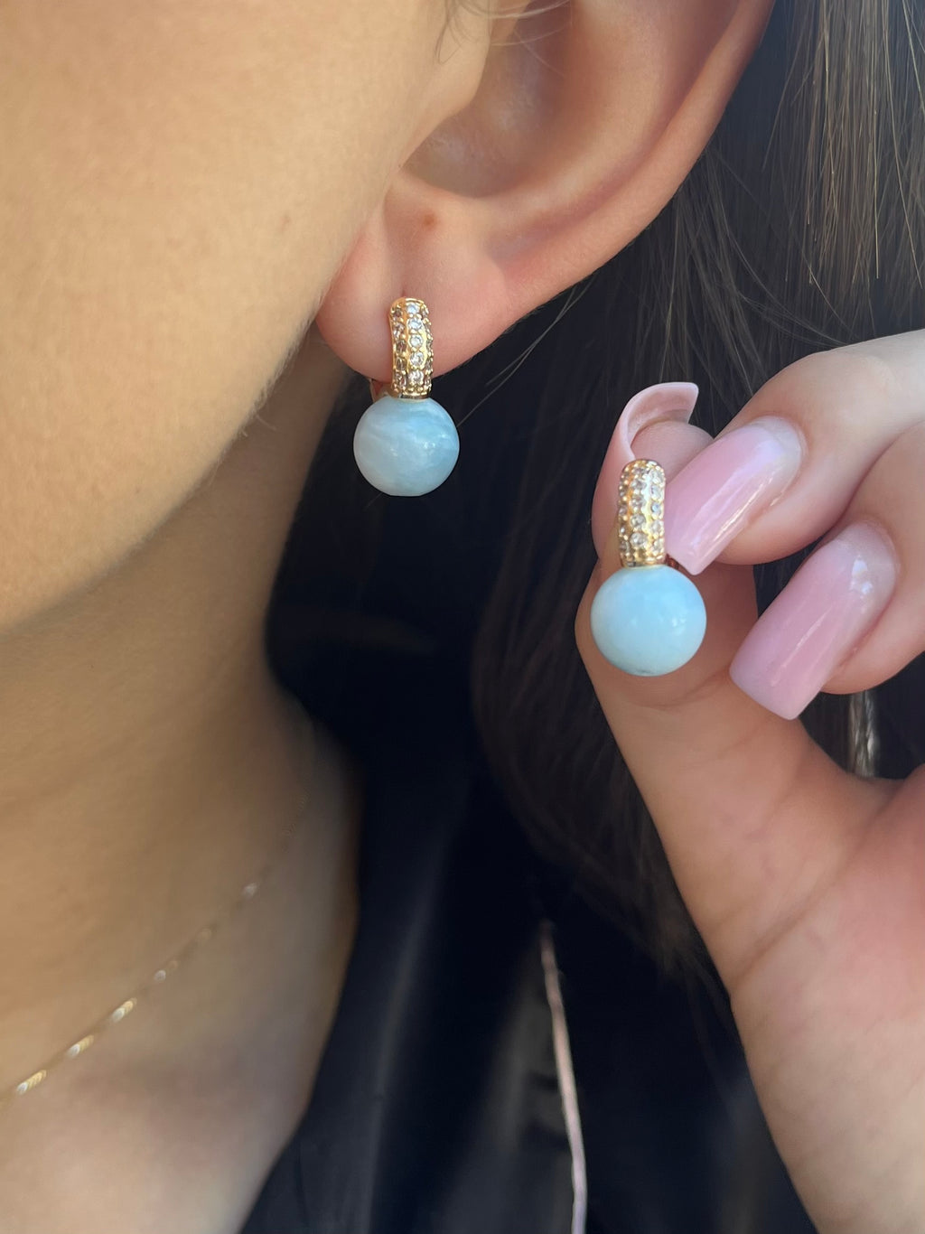 Natural light blue Jade Gold Zirconia Earrings