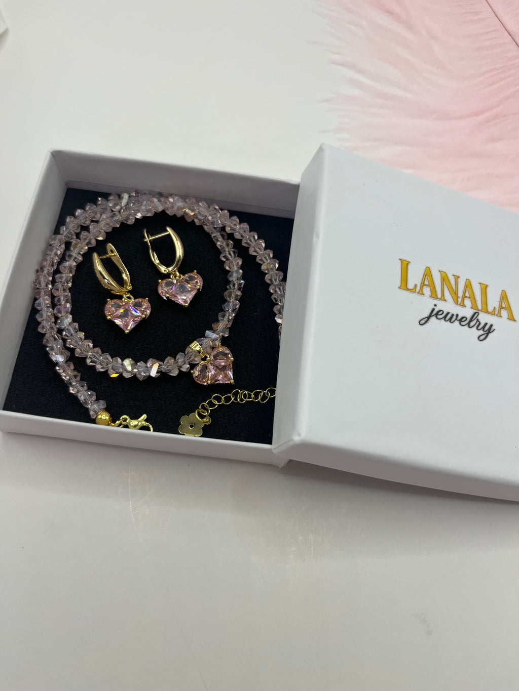 Set: Heart Pink Crystal Choker Necklace and Earrings – 18K Gold Plated, Cubic Zirconia, Nickel Free