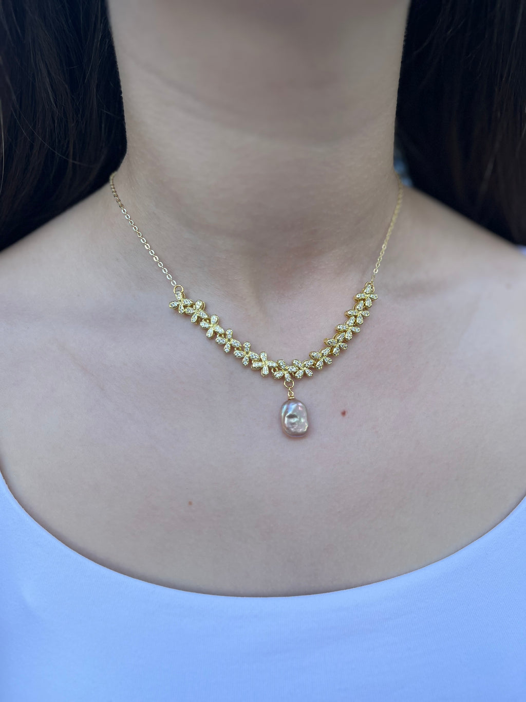 Baroque Pearl and zirconia Y-Necklace, 18k gold plated