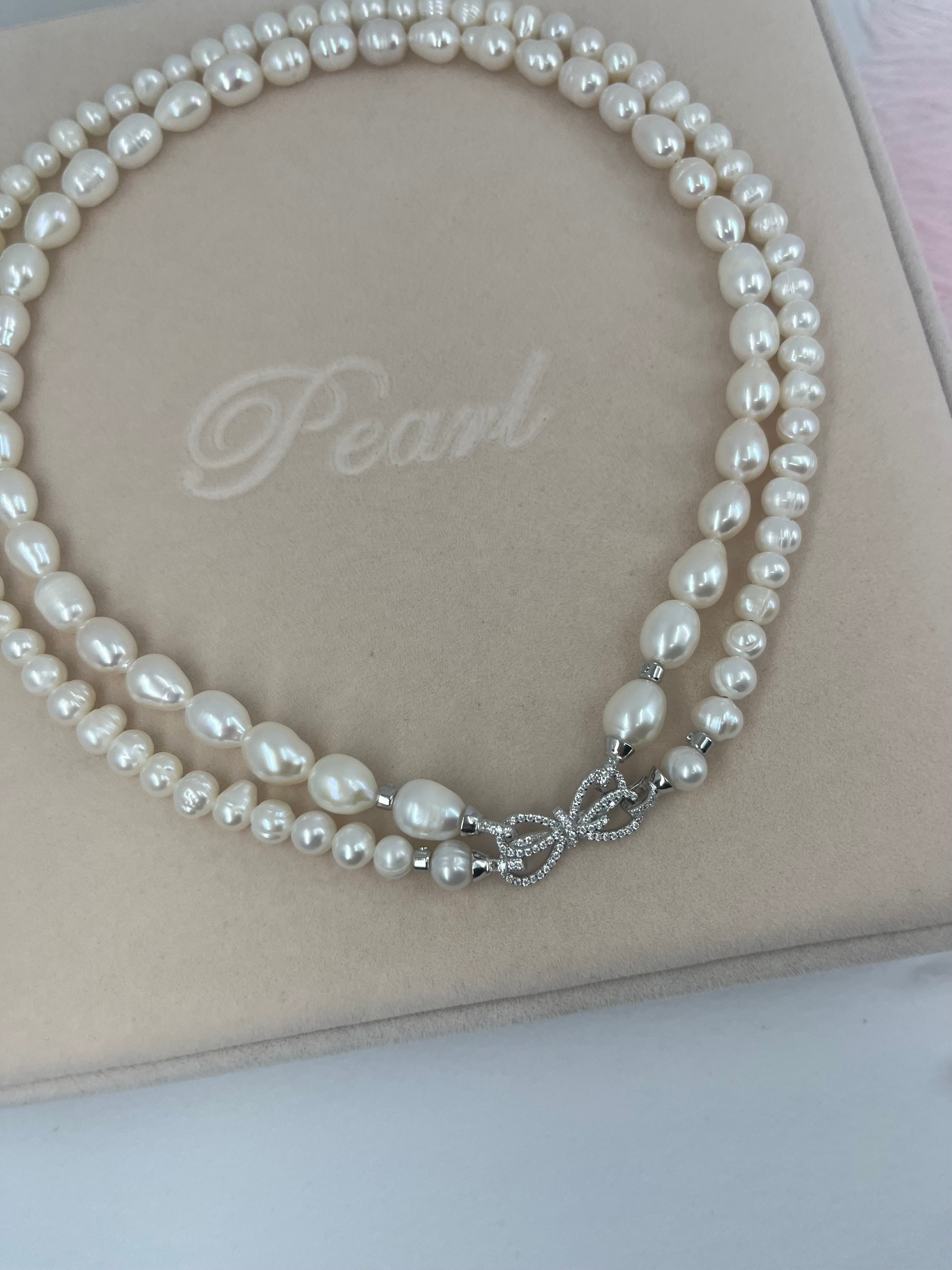 Layered Natural Pearl Necklace with 925 Sterling Silver Bowknot Clasp, Gift Box