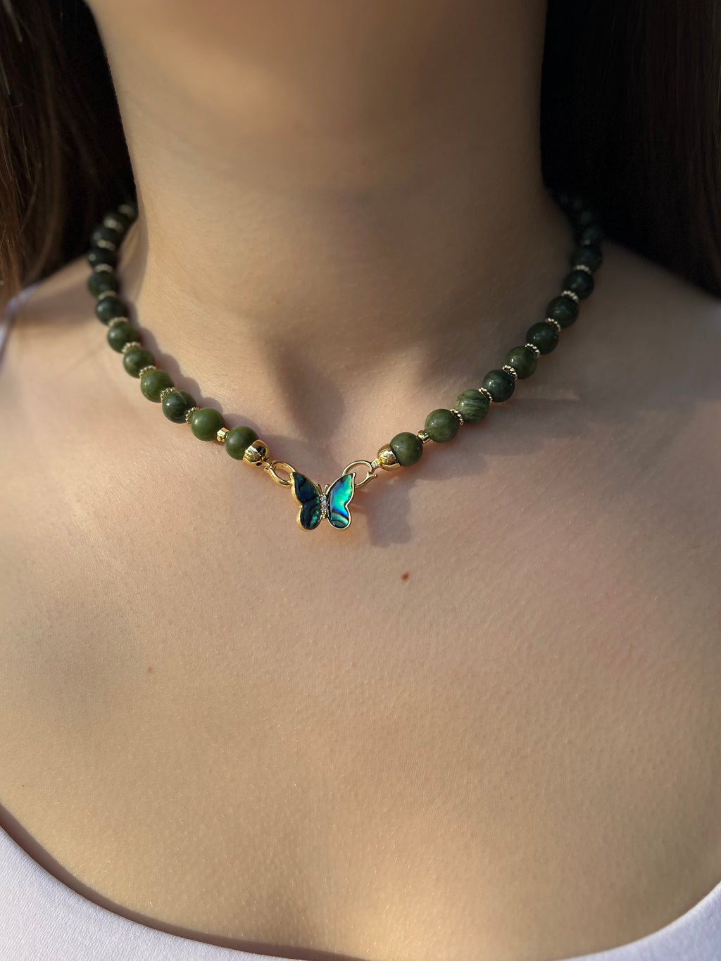 Natural Taiwan Jade Necklace with 18K Gold Butterfly Clasp
