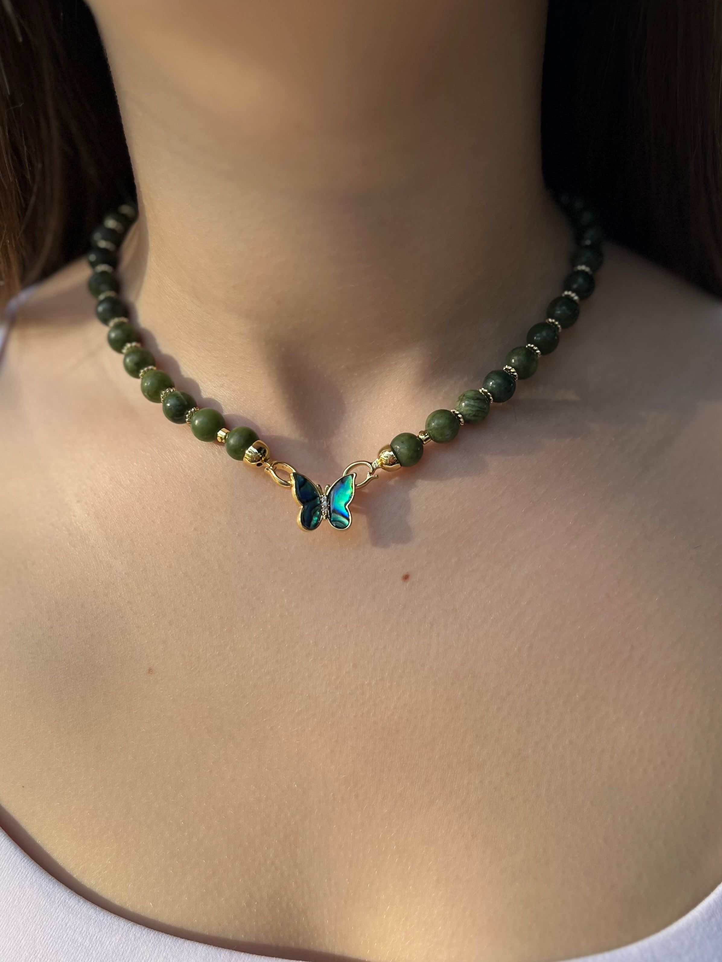 Natural Taiwan Jade Necklace with 18K Gold Butterfly Clasp