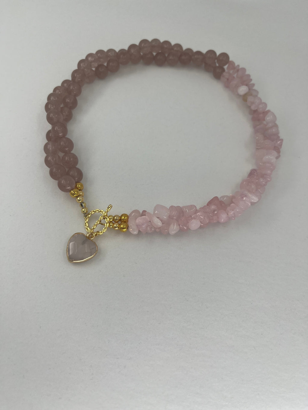 Asymmetrical Layered Strawberry Quartz Necklace with heart pendant: 18K Gold Plated Pendant