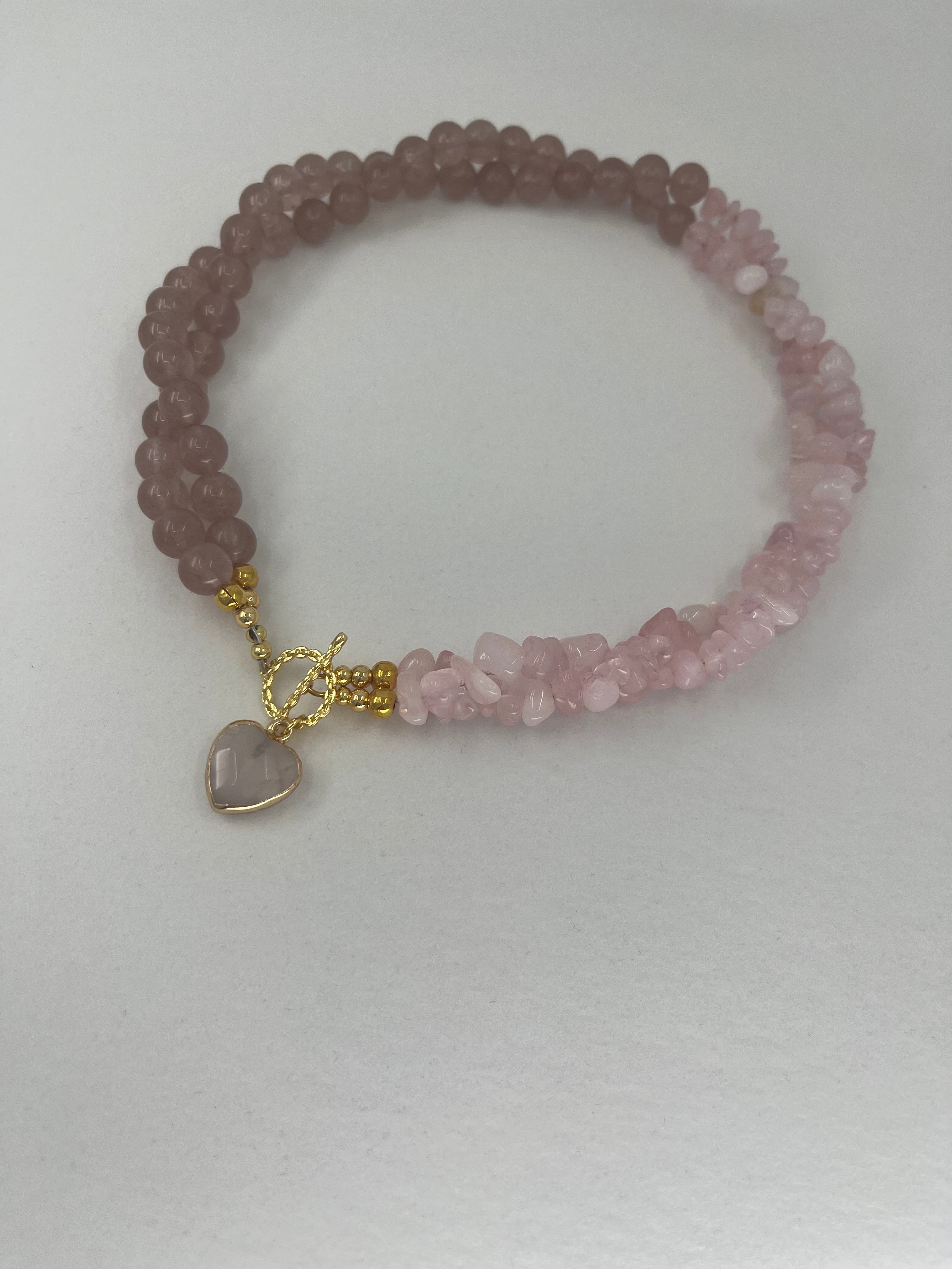 Asymmetrical Layered Strawberry Quartz Necklace with heart pendant: 18K Gold Plated Pendant