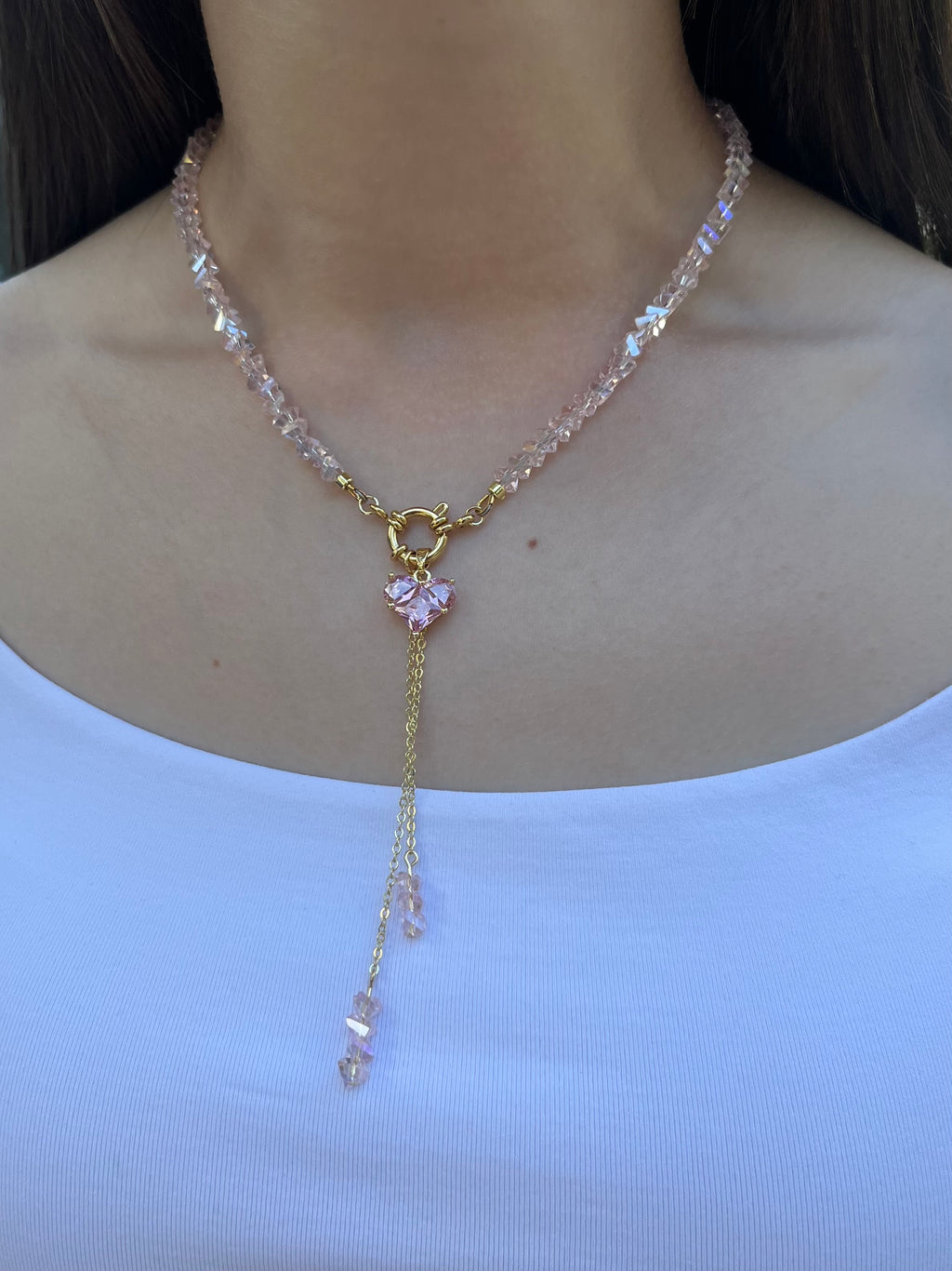 Set: Heart Pink Crystal Y-Necklace and Earrings – 18K Gold Plated, Cubic Zirconia