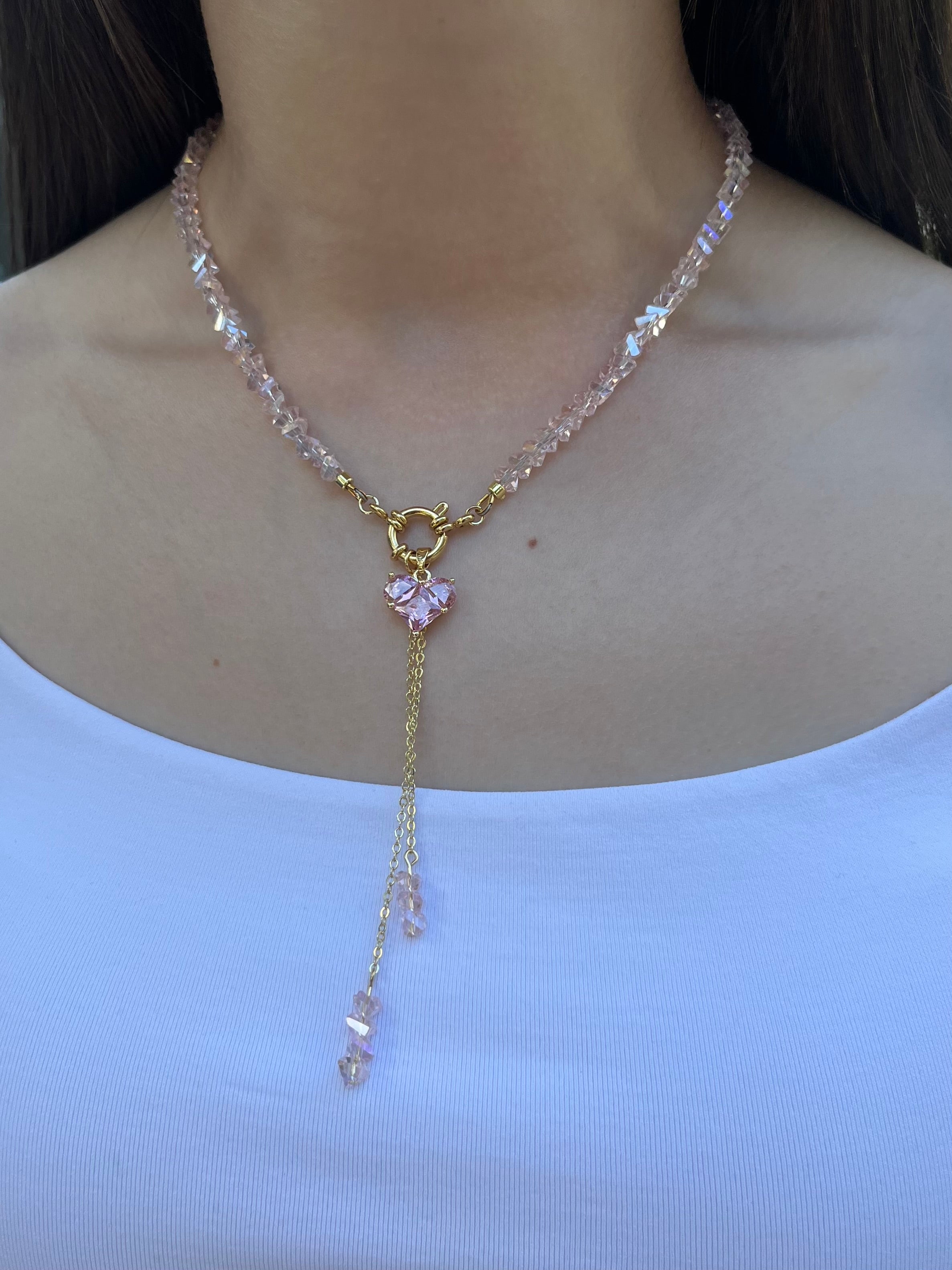 Set: Heart Pink Crystal Y-Necklace and Earrings – 18K Gold Plated, Cubic Zirconia