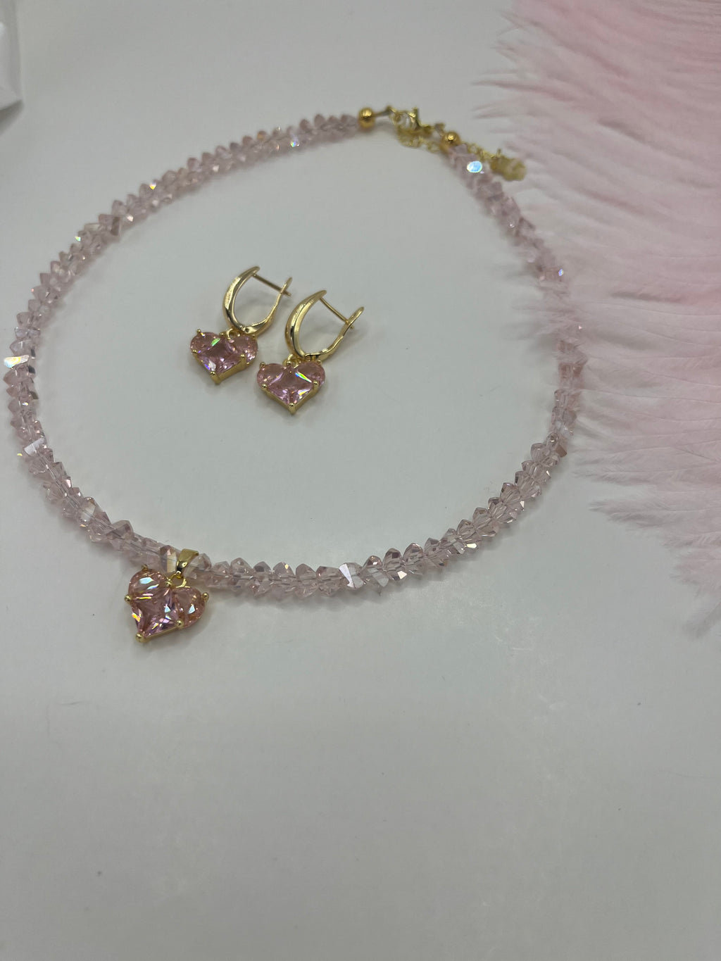 Set: Heart Pink Crystal Choker Necklace and Earrings – 18K Gold Plated, Cubic Zirconia, Nickel Free