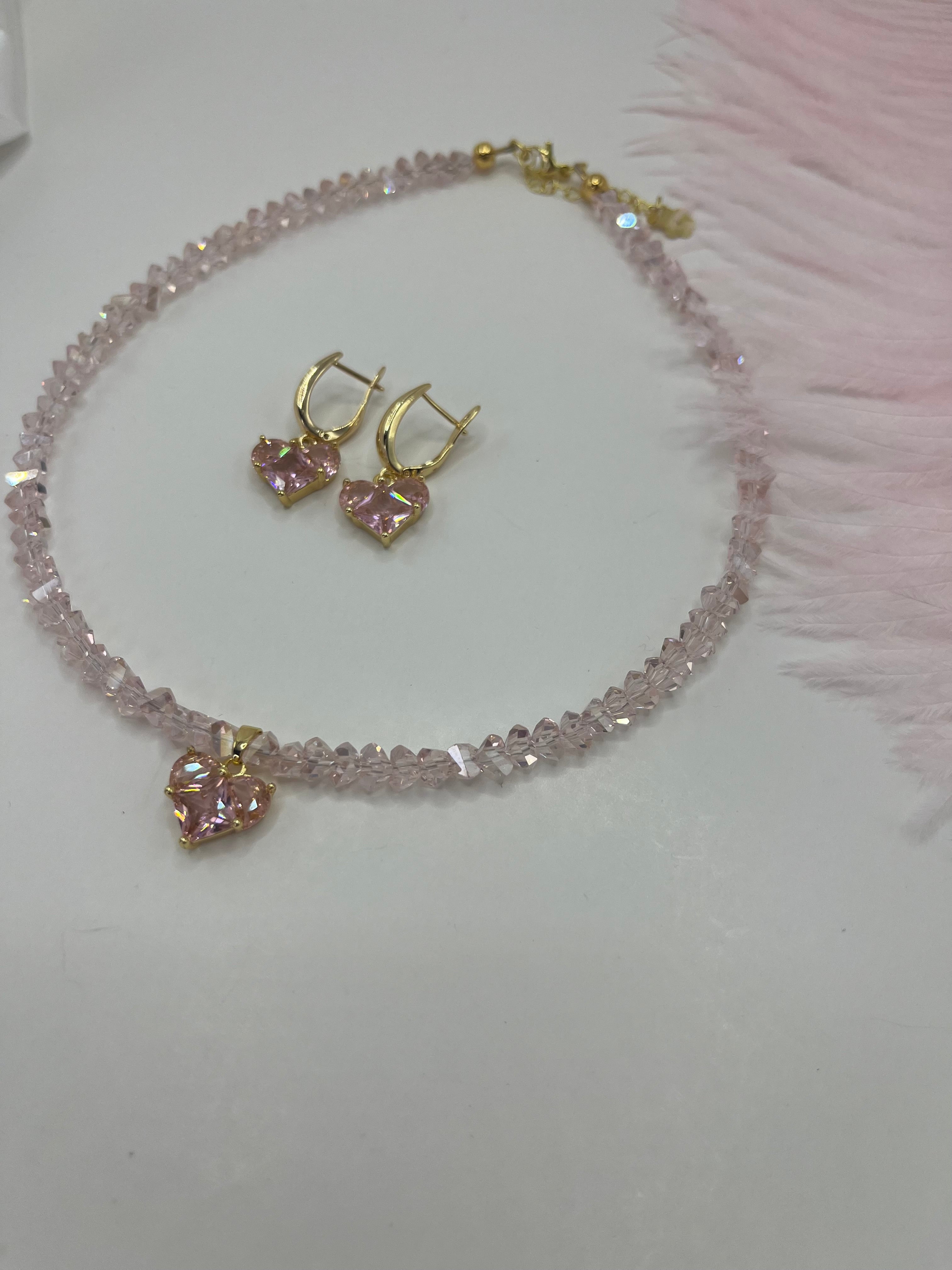 Set: Heart Pink Crystal Choker Necklace and Earrings – 18K Gold Plated, Cubic Zirconia, Nickel Free