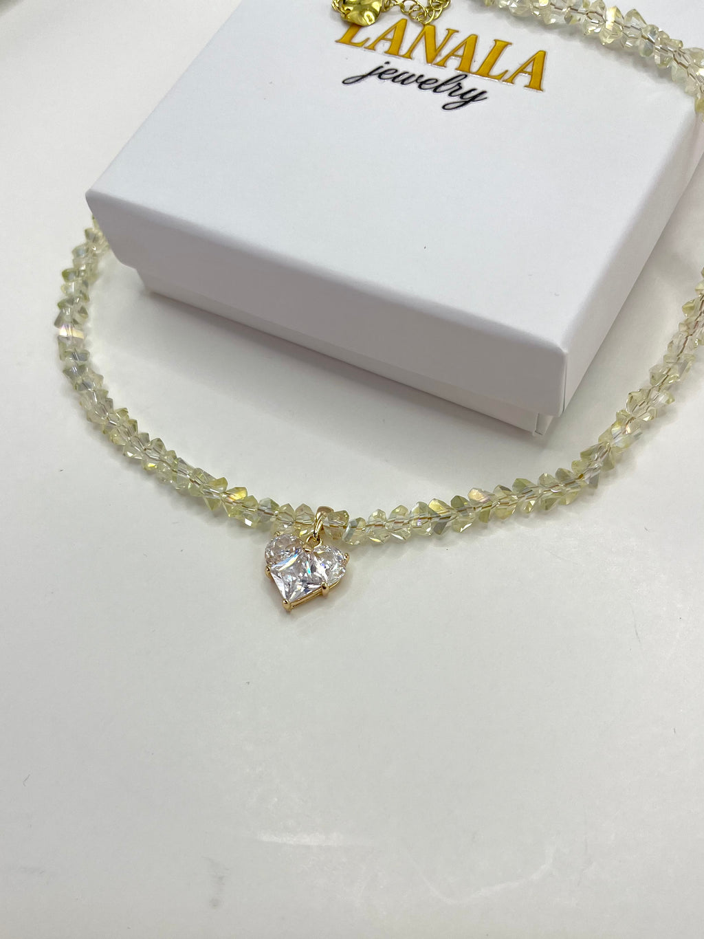 Crystal Glass Bead Choker: 18K Gold Heart Pendant