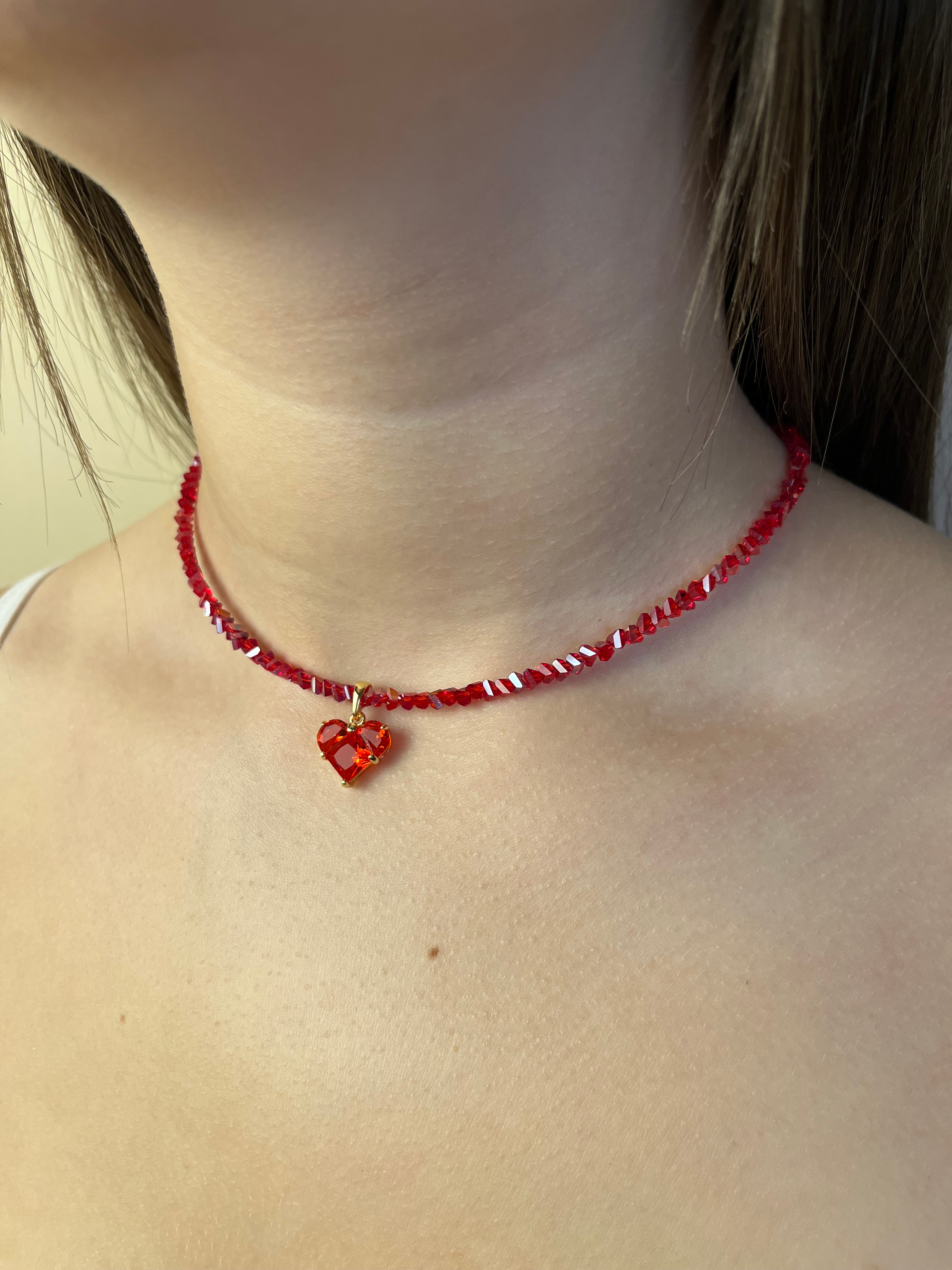 Crystal Red Glass Bead Choker: 18K Gold Heart Pendant