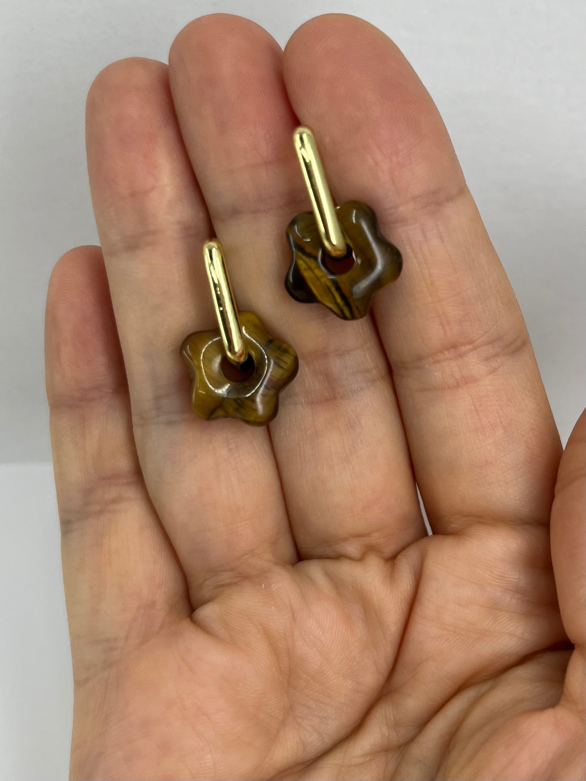 Tiger eye flower Earrings,18K Gold Plated