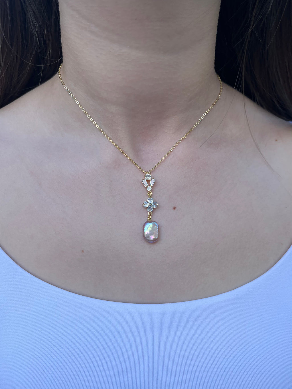 Baroque Pearl and zirconia Y-Necklace, 18k gold plated