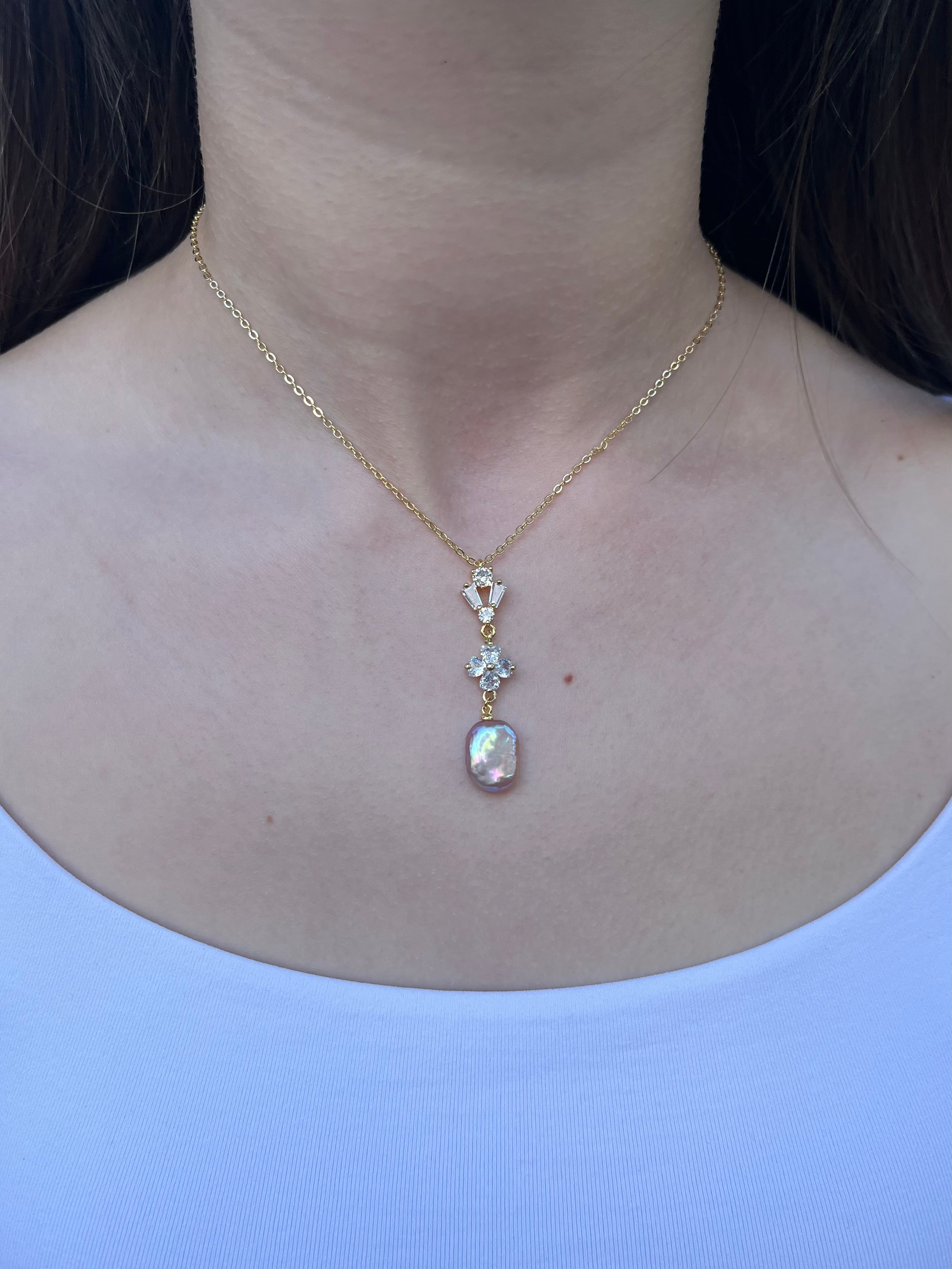 Baroque Pearl and zirconia Y-Necklace, 18k gold plated