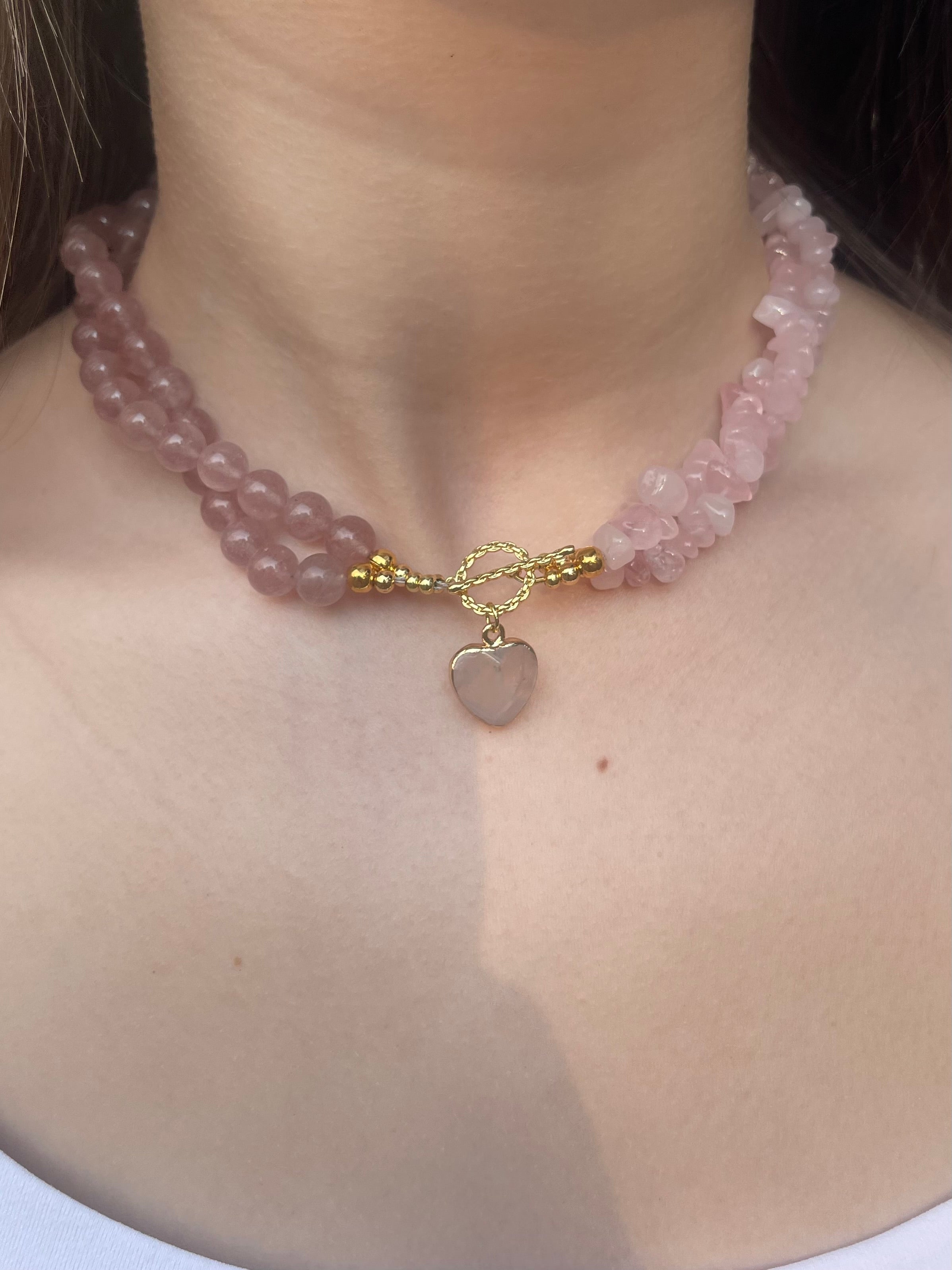 Asymmetrical Layered Strawberry Quartz Necklace with heart pendant: 18K Gold Plated Pendant