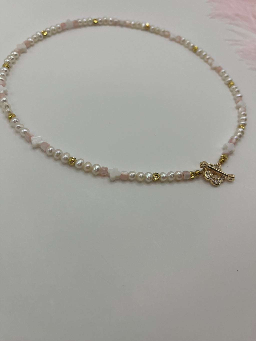 Freshwater Pearl & Shell Necklace with 18K Gold Plated Flower Toggle