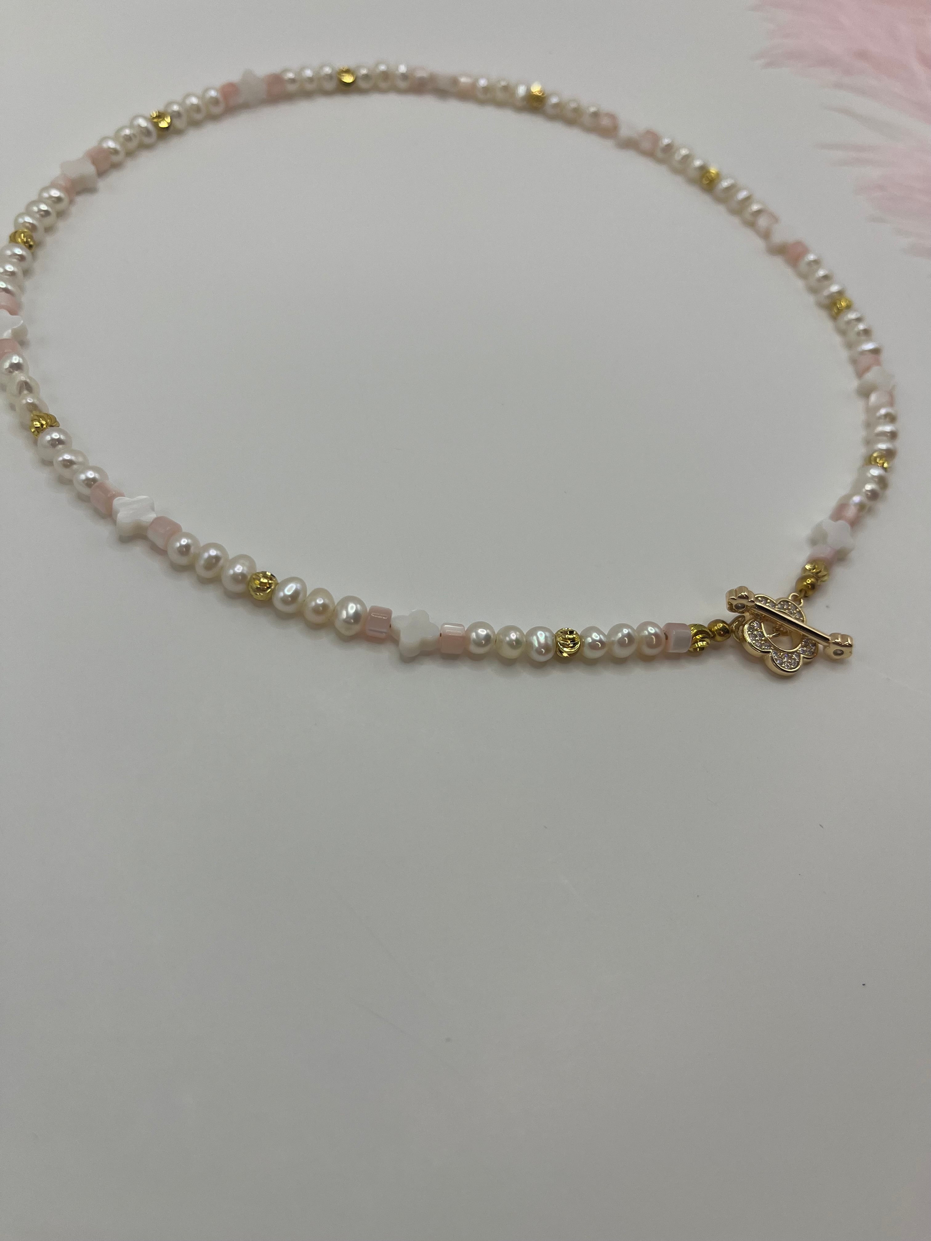 Freshwater Pearl & Shell Necklace with 18K Gold Plated Flower Toggle