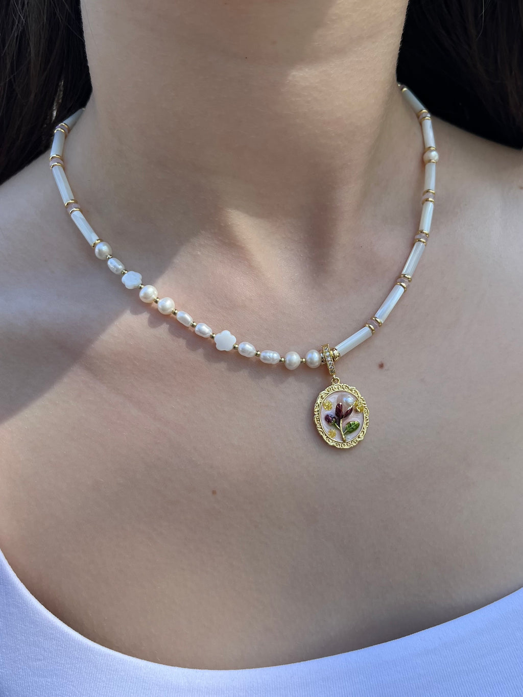 Natural Pearl and Trochus Shell Pendant Necklace, 18K Gold-Plated