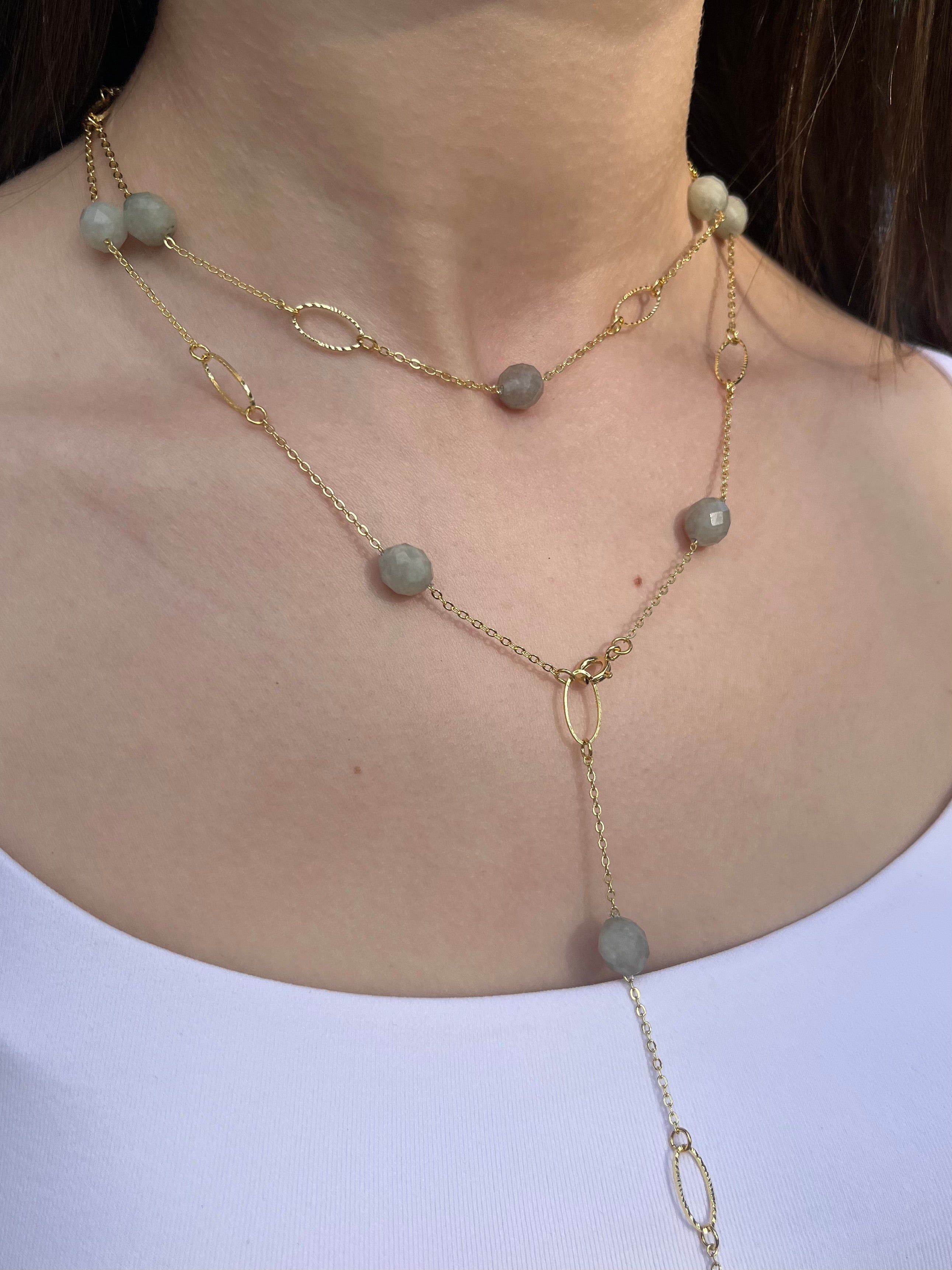Layered Long Natural Malaysia Jade Necklace with 18K Gold chain