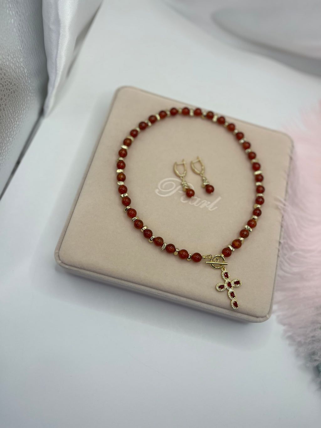 Set: Natural Carnelian Necklace with 18K Gold Cross and earrings