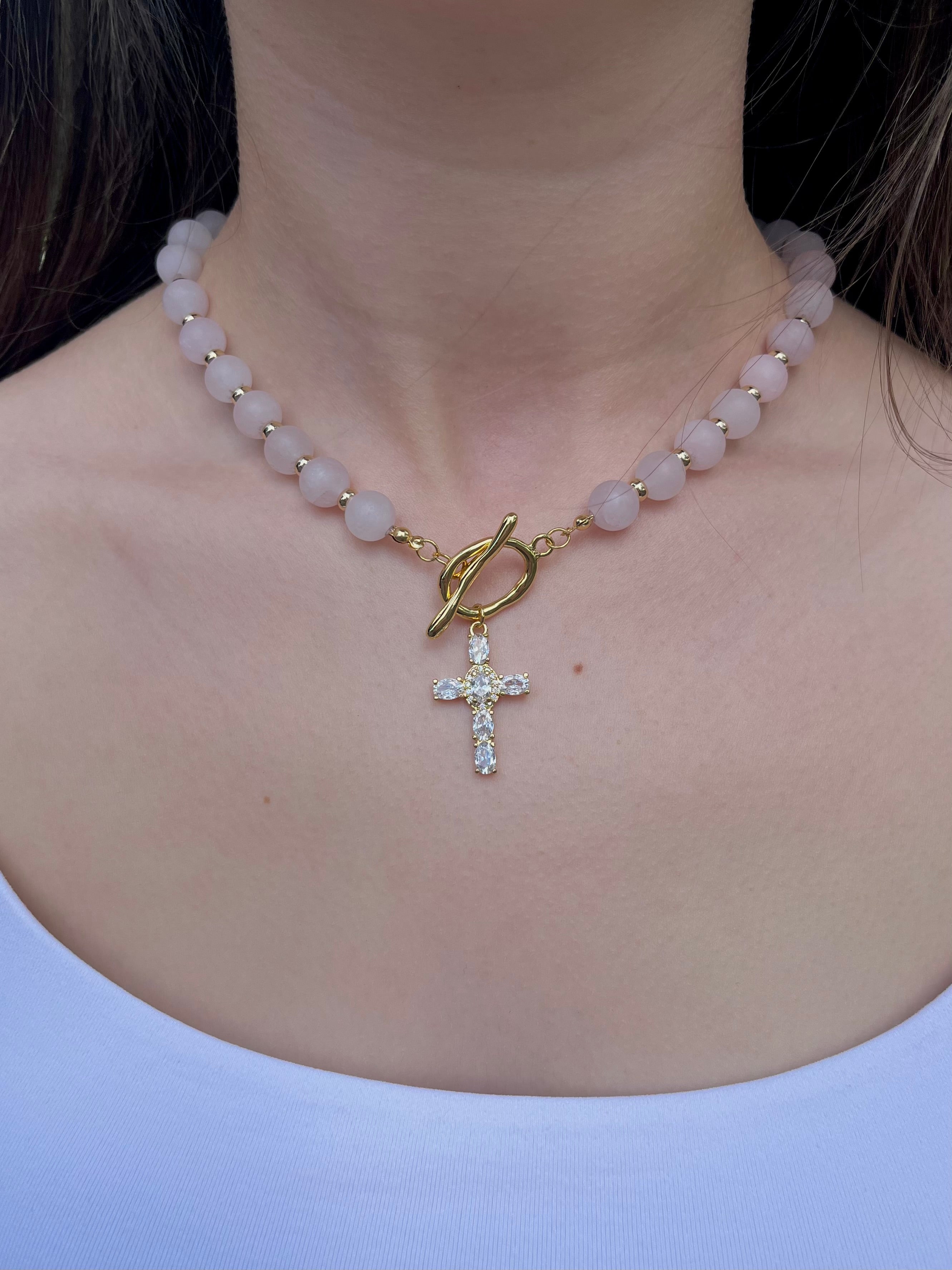 Set: Rose Quartz Cross Necklace and Earrings, 18k gold plated