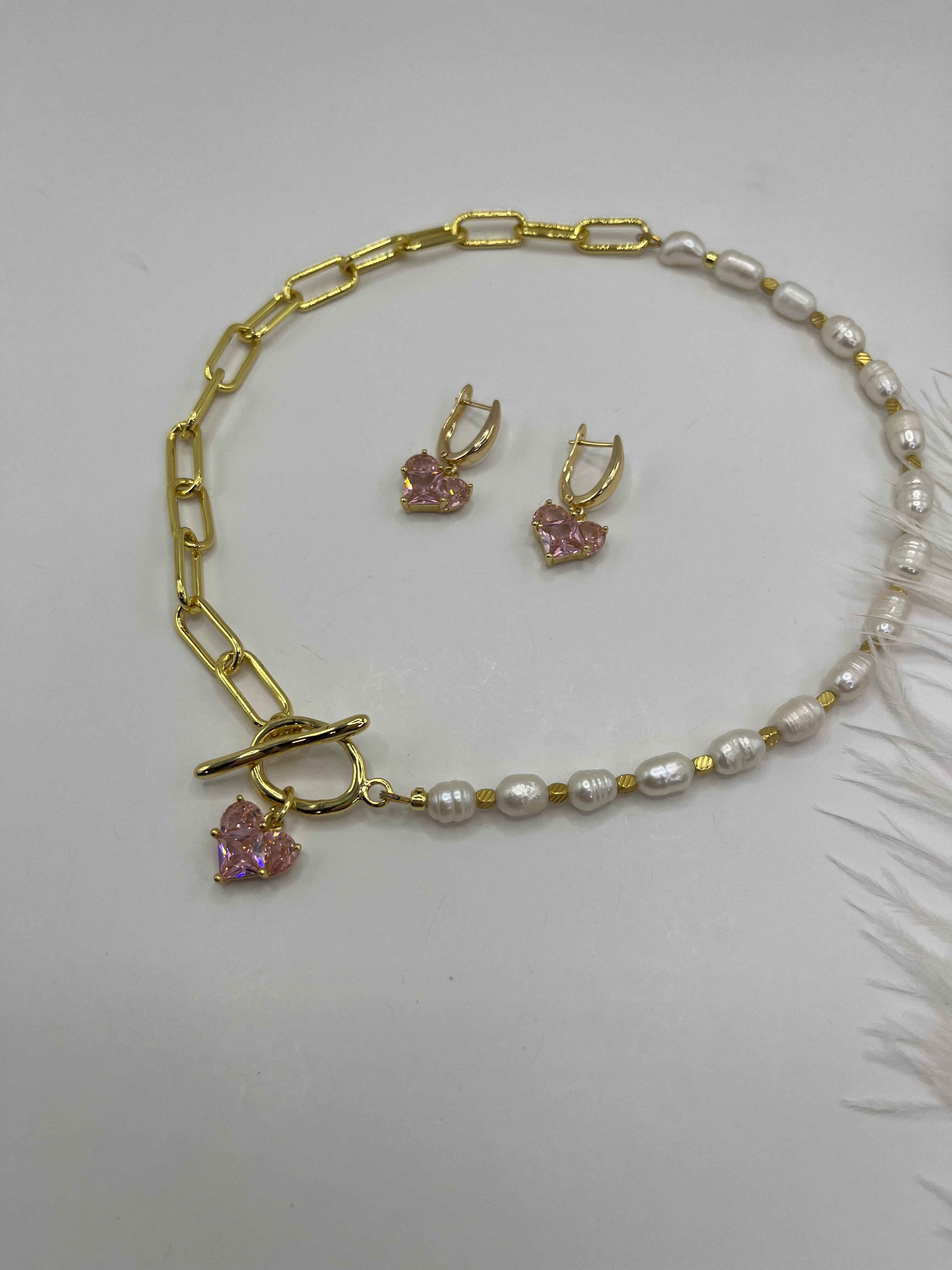 Asymmetrical Pearl Choker Necklace with earrings : 18K Gold Plated