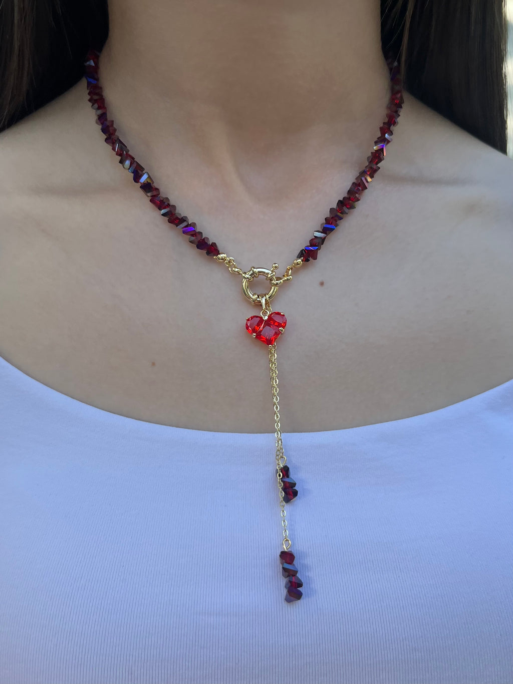 Set: Heart Crystal Burgundy Y-Necklace and Earrings – 18K Gold Plated