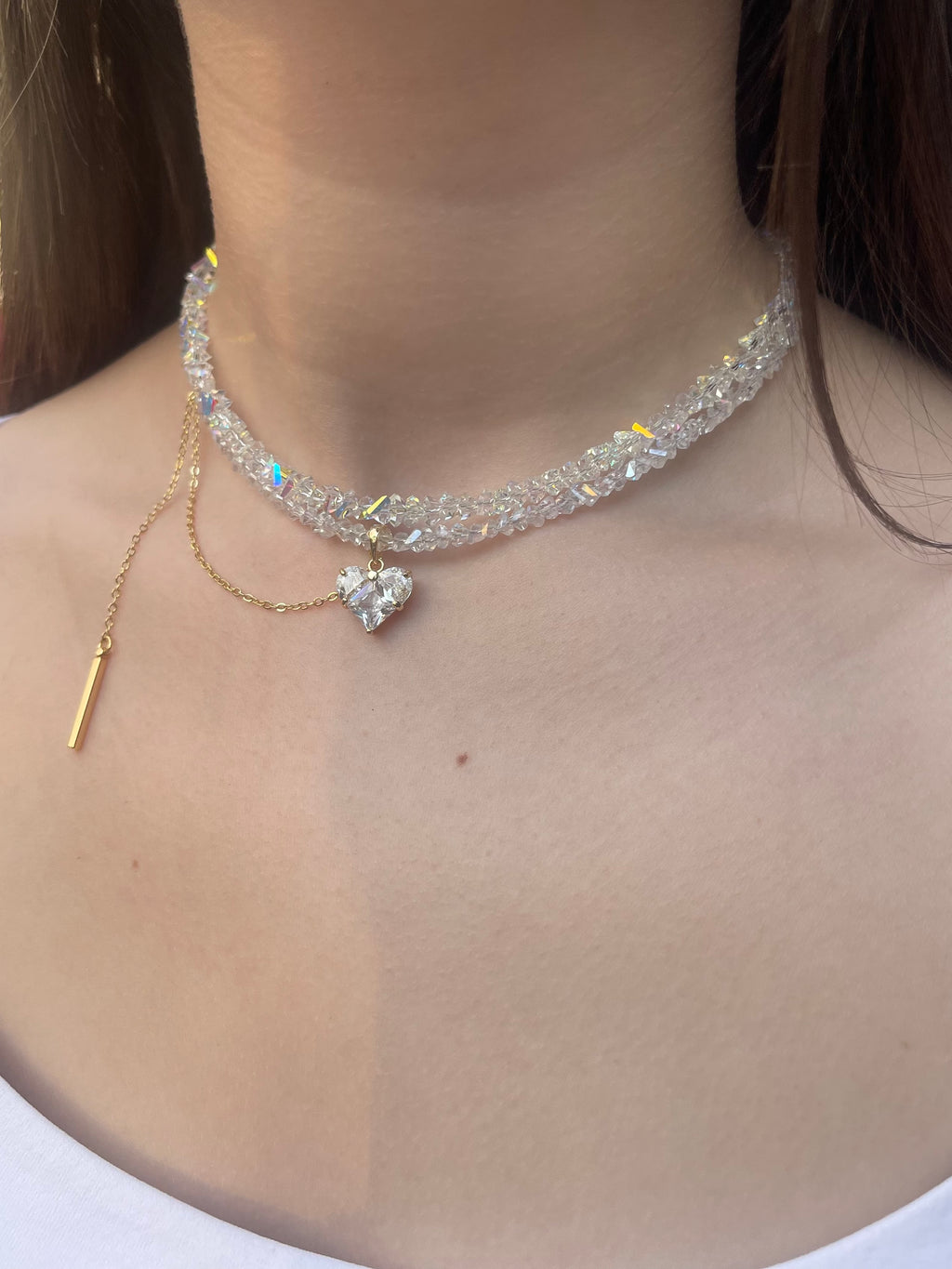 Set: Heart Crystal Choker Necklace and Earrings – 18K Gold Plated, Cubic Zirconia, Nickel Free