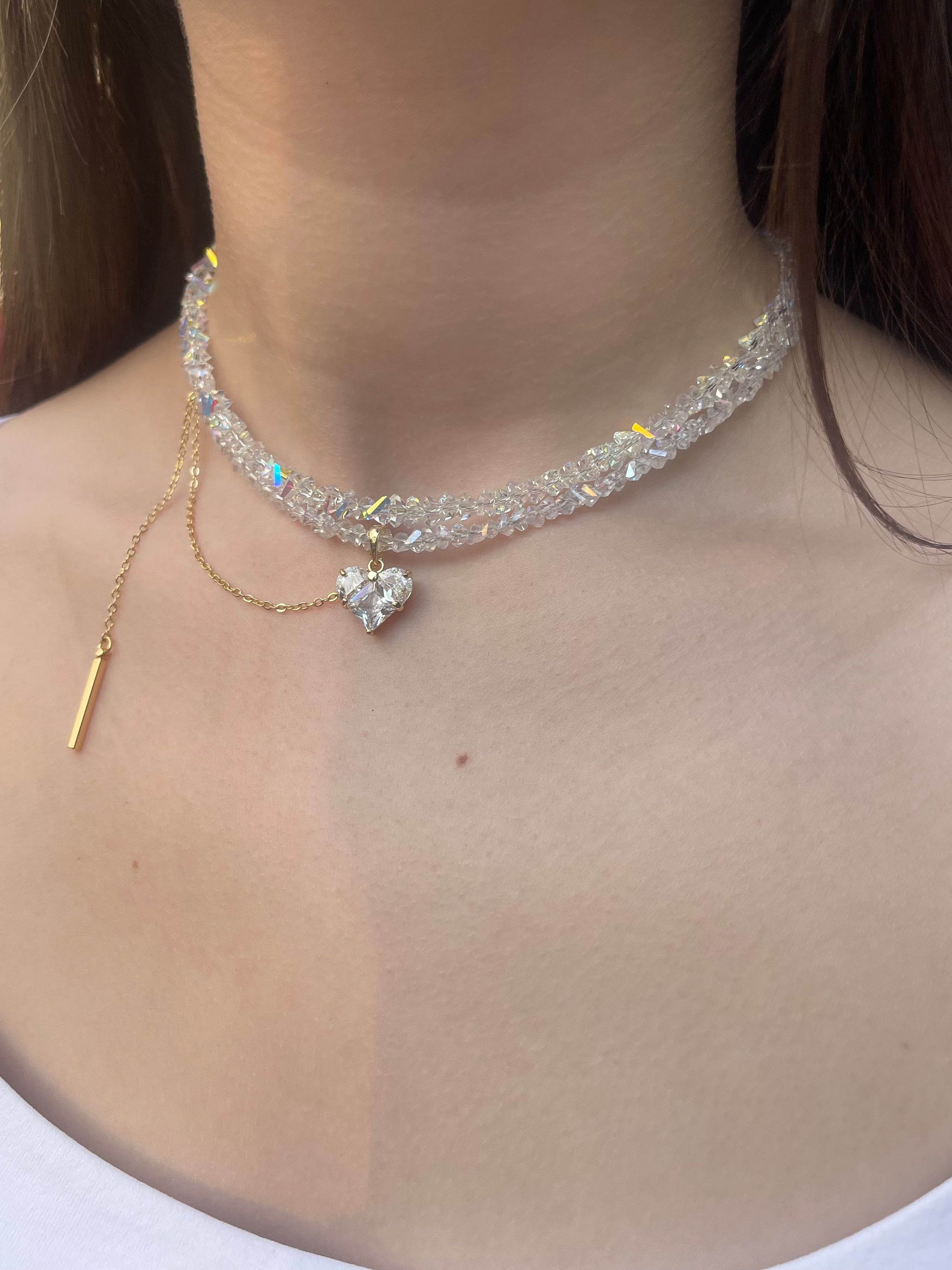 Set: Heart Crystal Choker Necklace and Earrings – 18K Gold Plated, Cubic Zirconia, Nickel Free