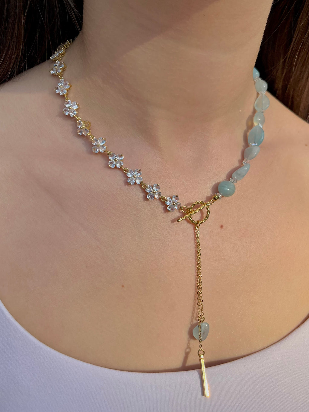 Asymmetrical Aquamarine Y-Necklace, zirconia chain, Bar pendant