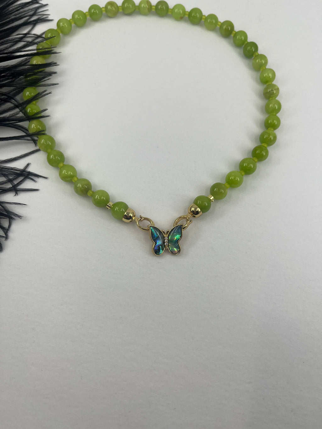 Natural Light Green Jade Necklace with 18K Gold Butterfly Clasp
