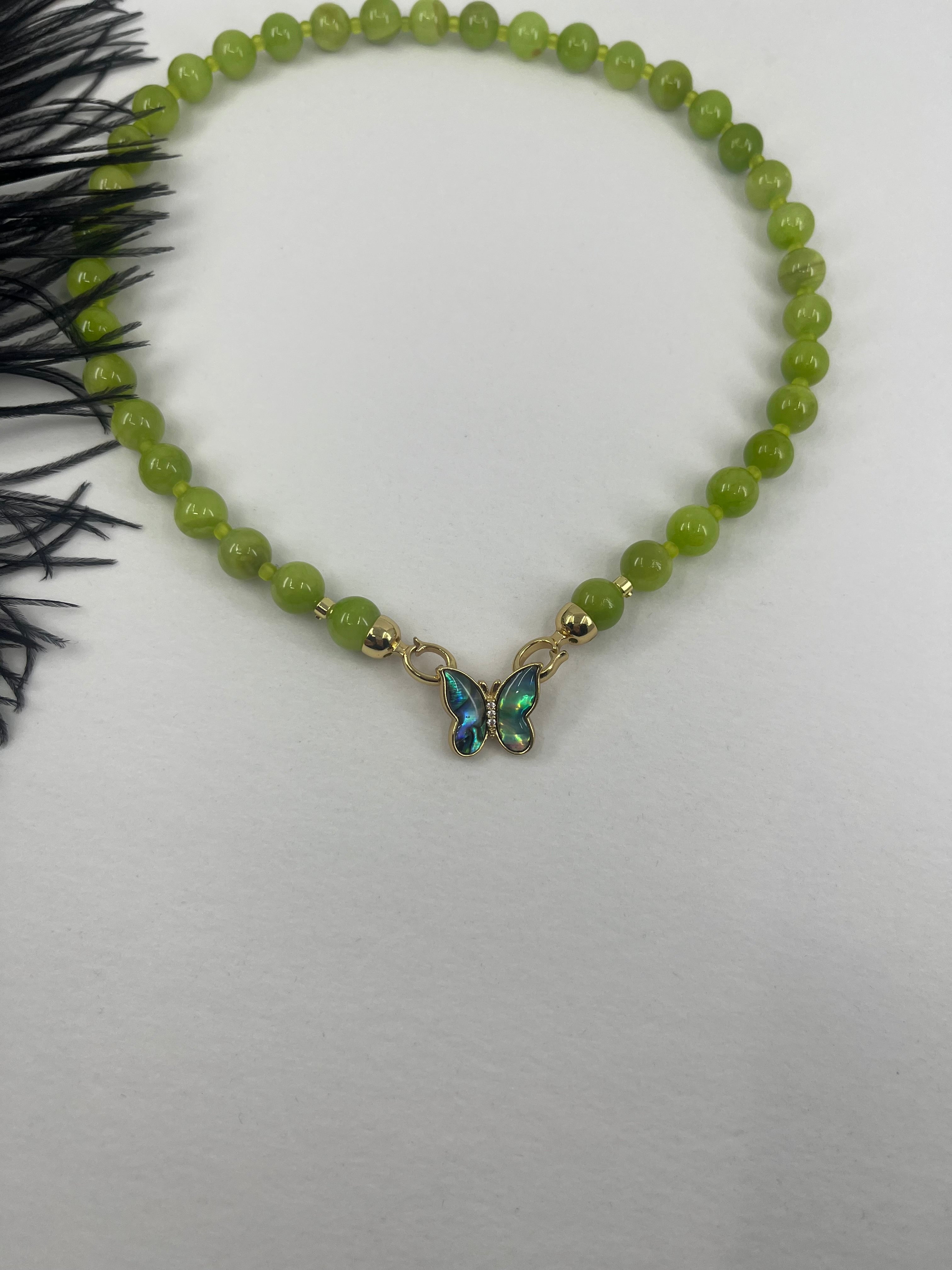 Natural Light Green Jade Necklace with 18K Gold Butterfly Clasp