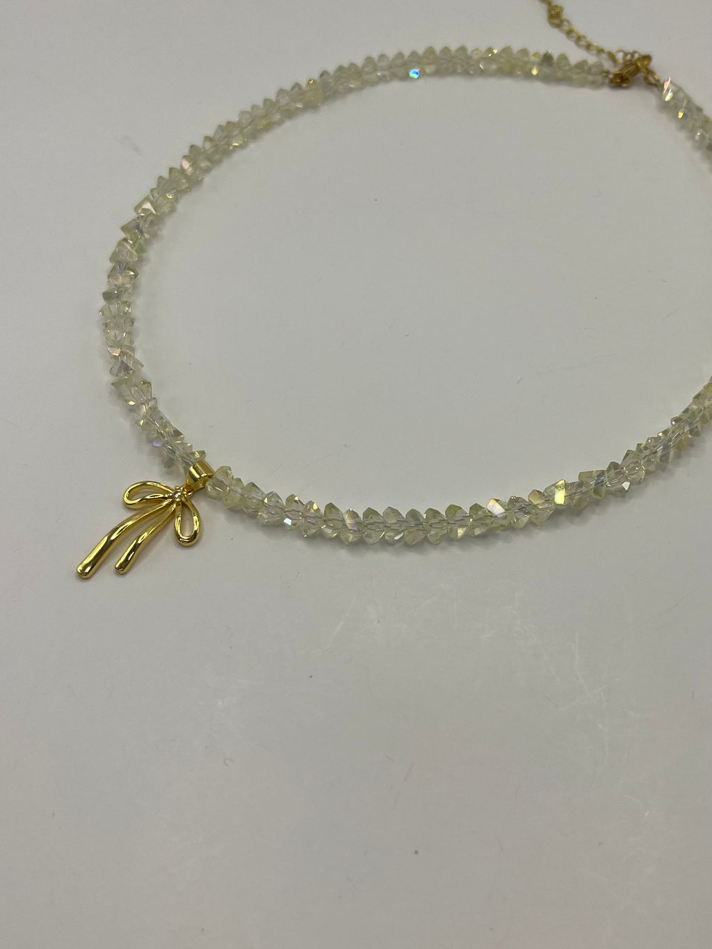 Crystal Glass Bead Choker: 18K Gold Bowknot Pendant