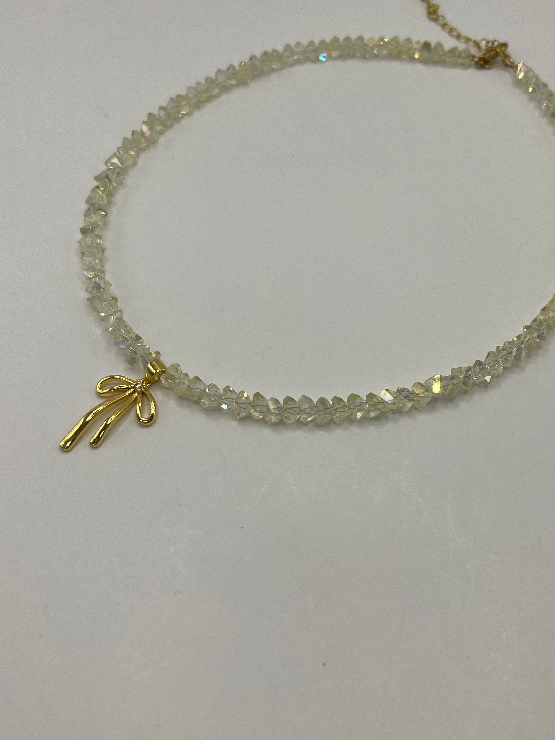Crystal Glass Bead Choker: 18K Gold Bowknot Pendant