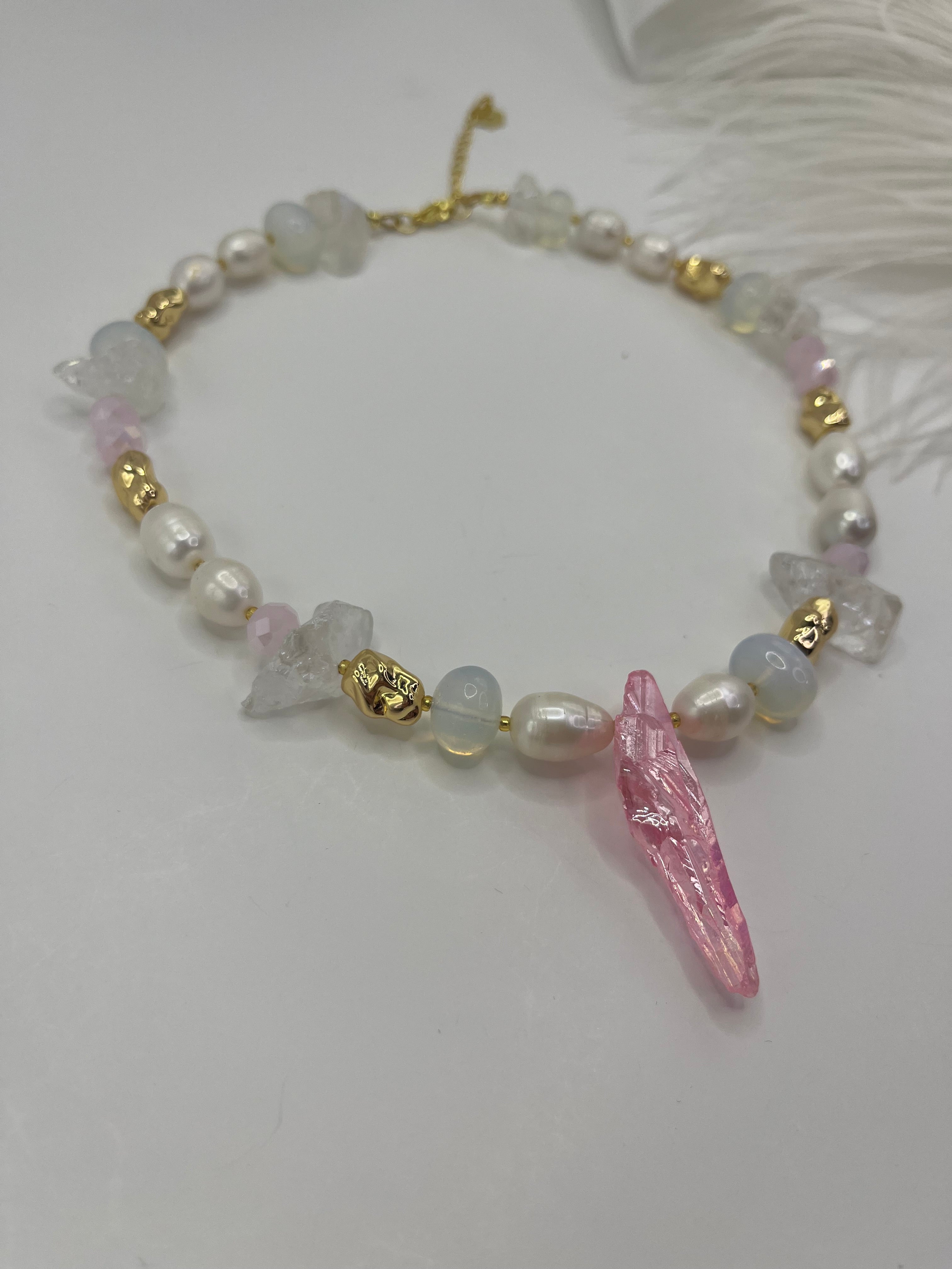 Set: Rose Quartz and Pearls Necklace and Earrings