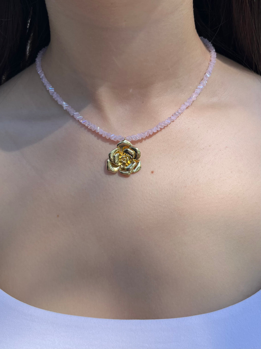 Crystal Pink Glass Bead Choker: 18K Gold Rose Pendant
