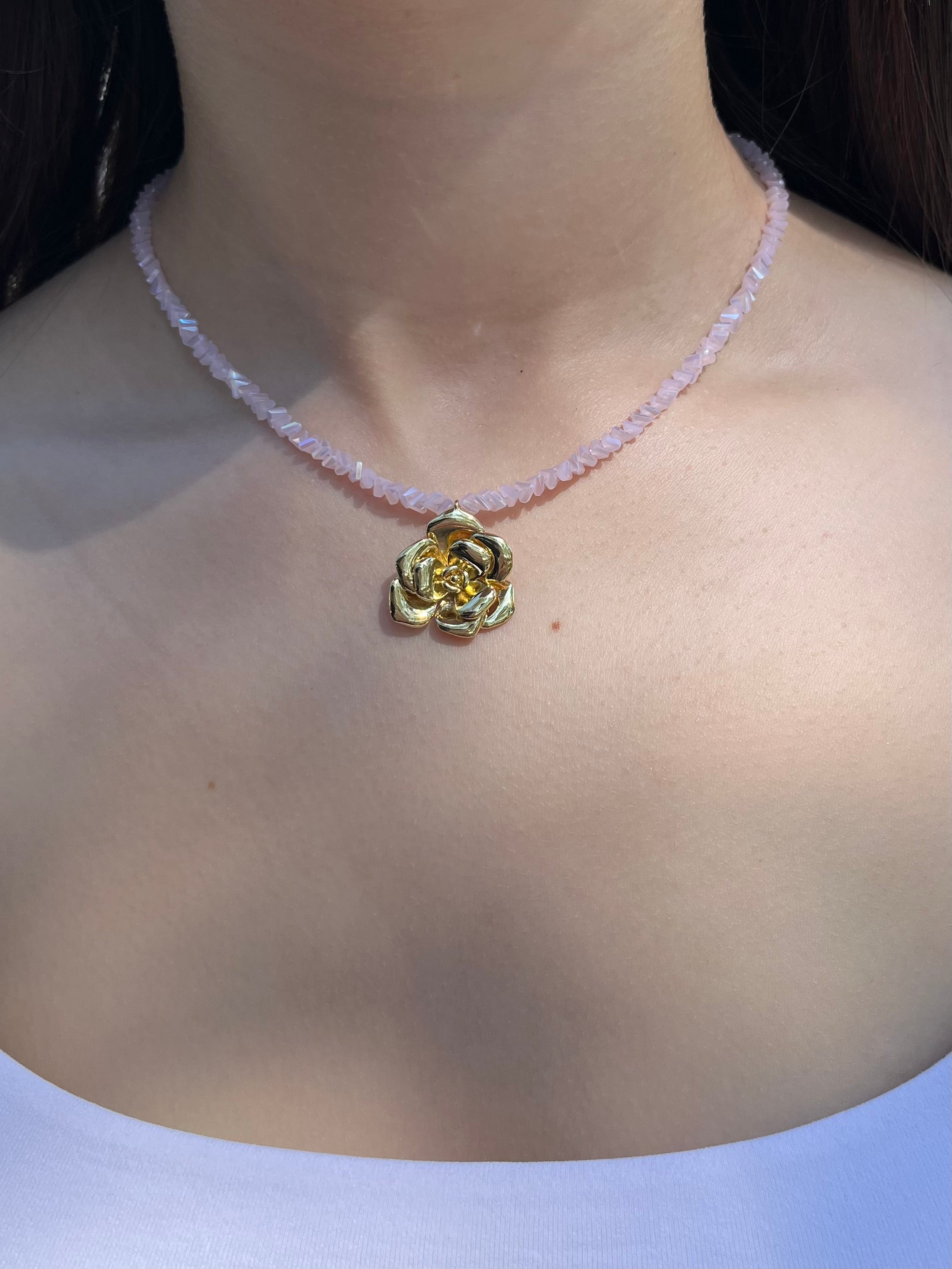 Crystal Pink Glass Bead Choker: 18K Gold Rose Pendant