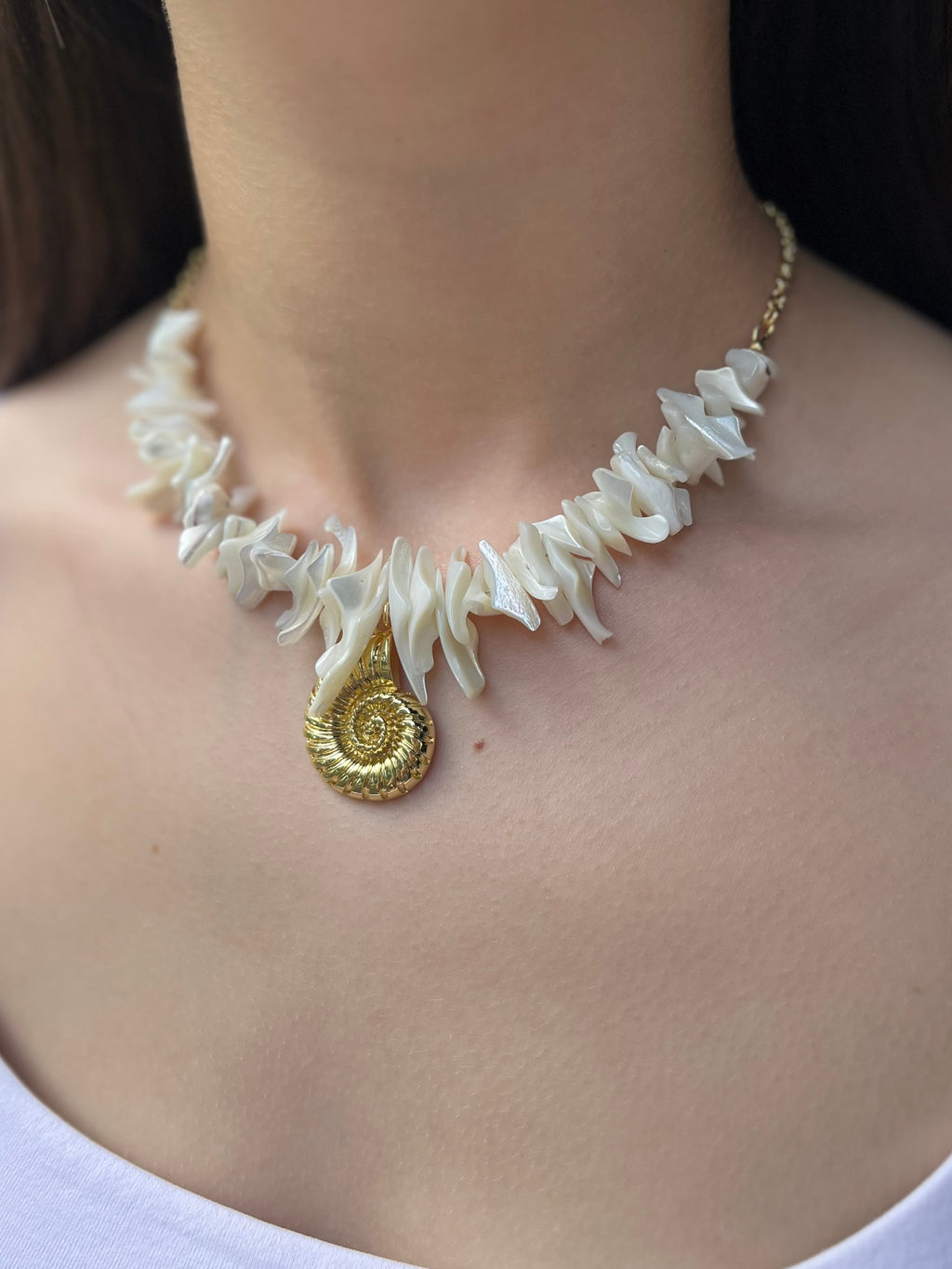 Natural Trochid Shell Necklace with Conch Charm, 18K Gold Plated