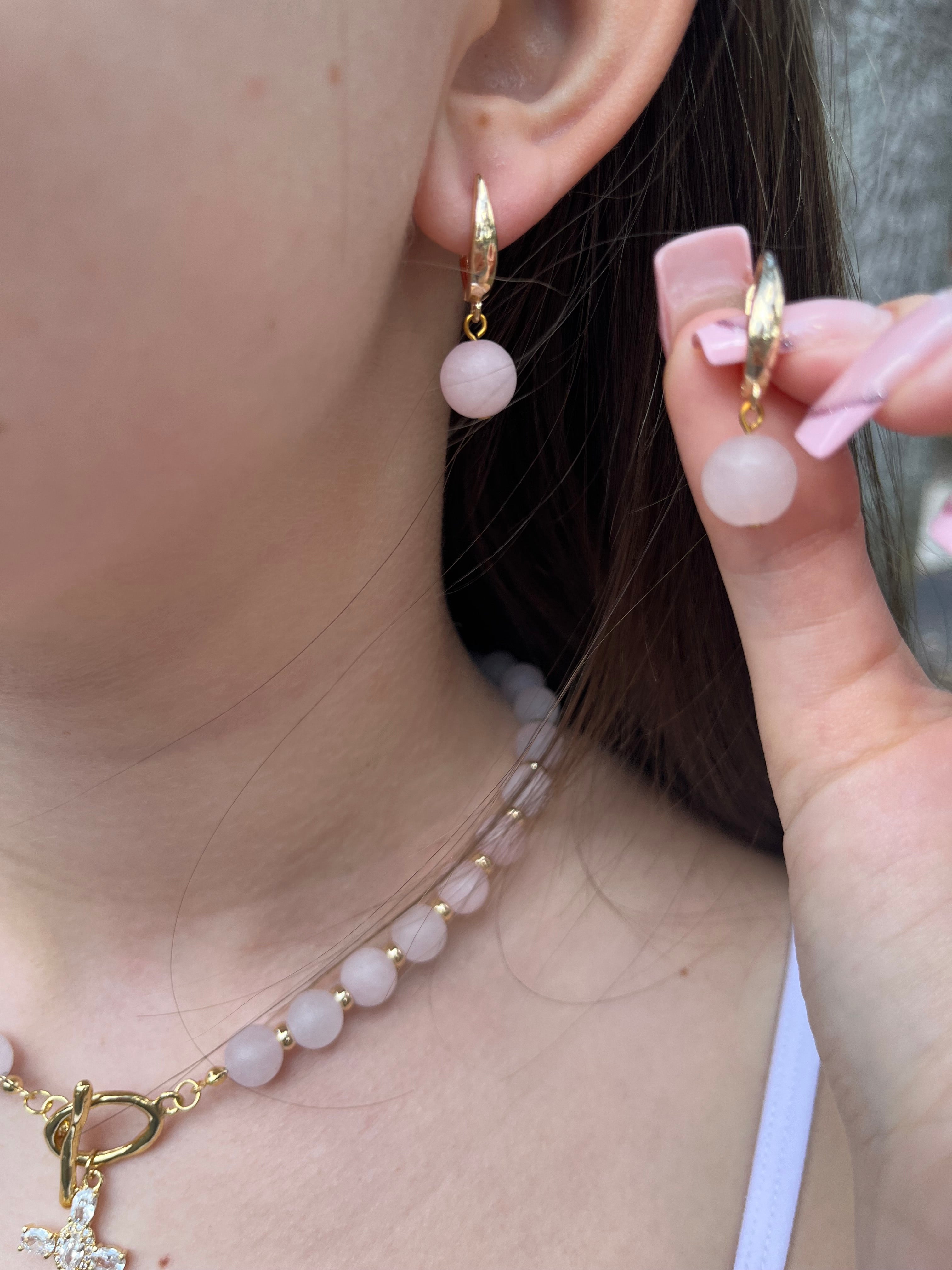 Set: Rose Quartz Cross Necklace and Earrings, 18k gold plated